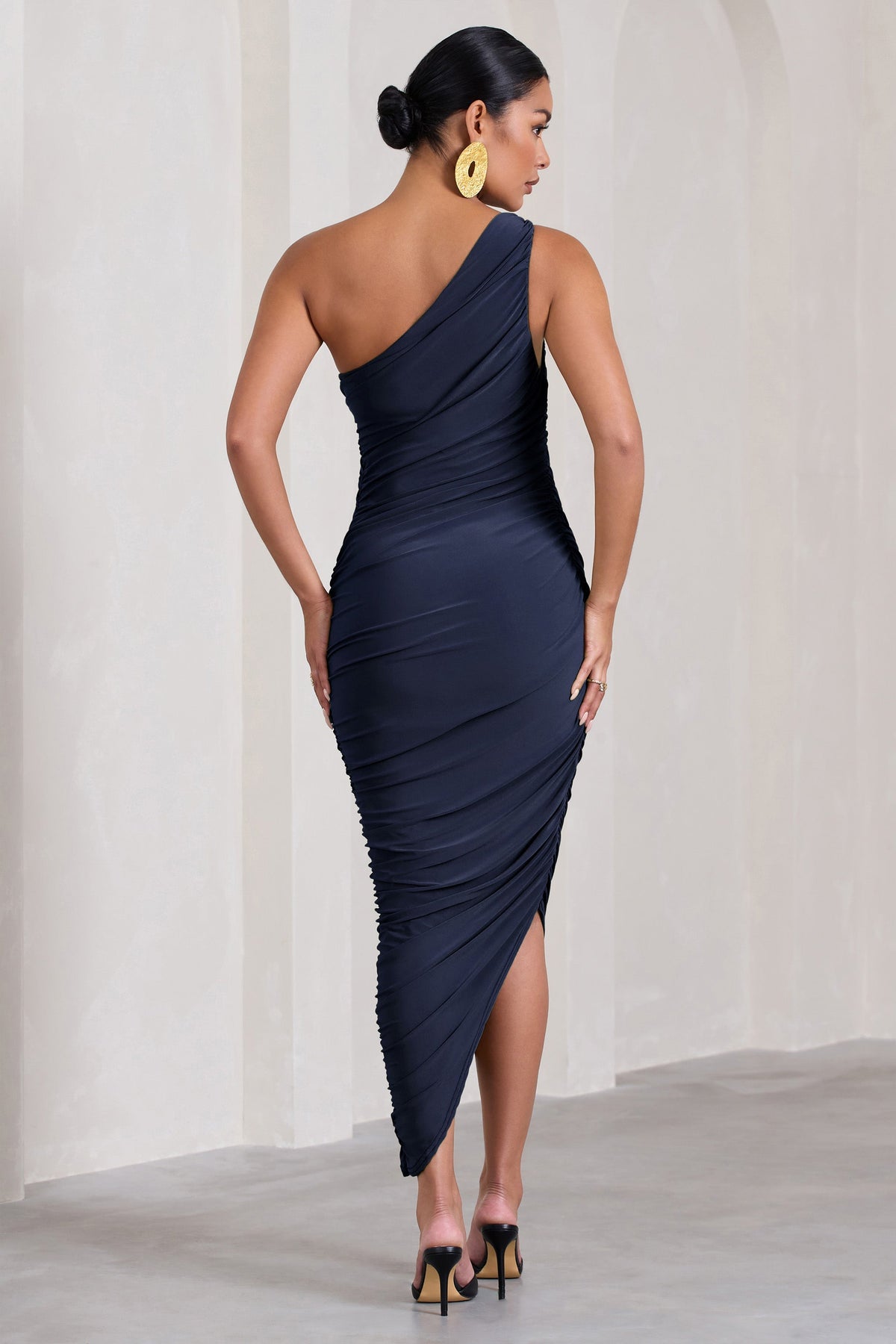 Late Night | Navy Maternity Ruched One Shoulder Midi Dress