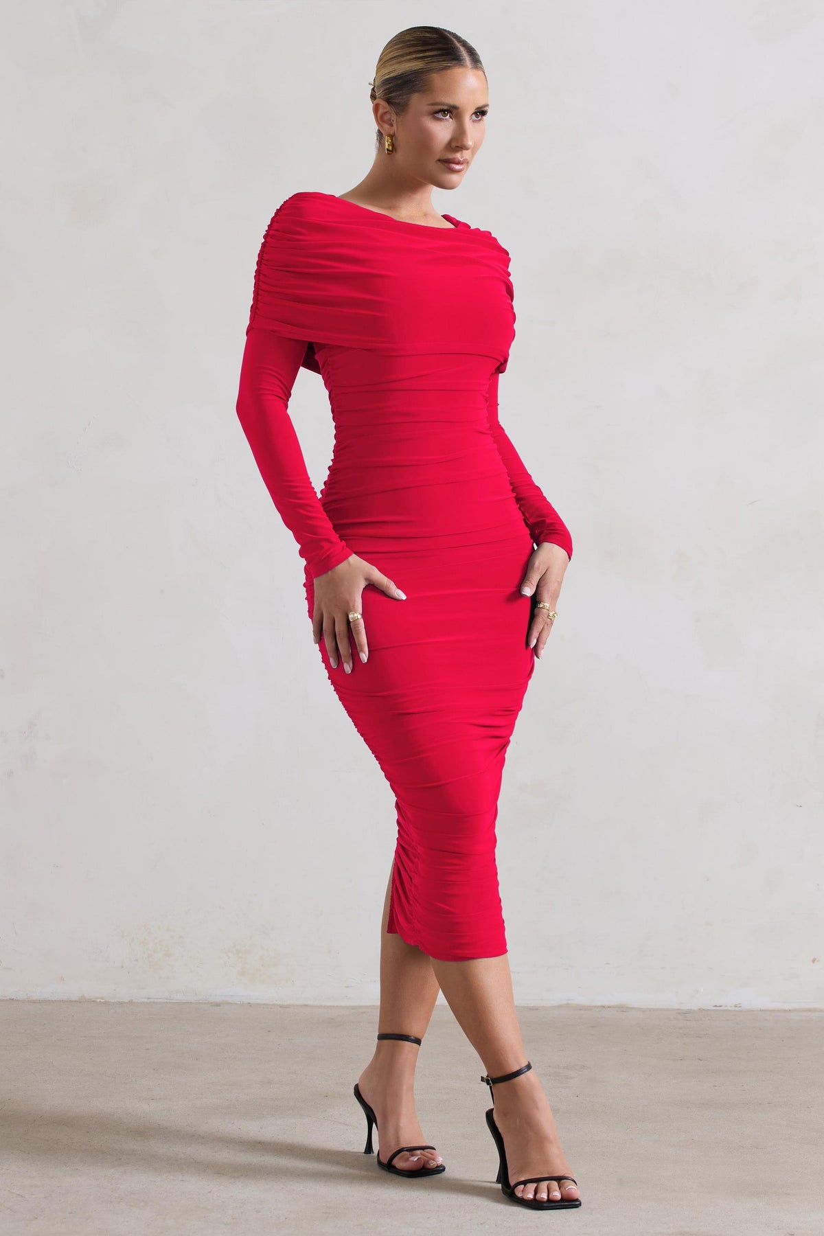 Lea | Red Long Sleeve Ruched Midi Dress With Draped Bardot Overlay