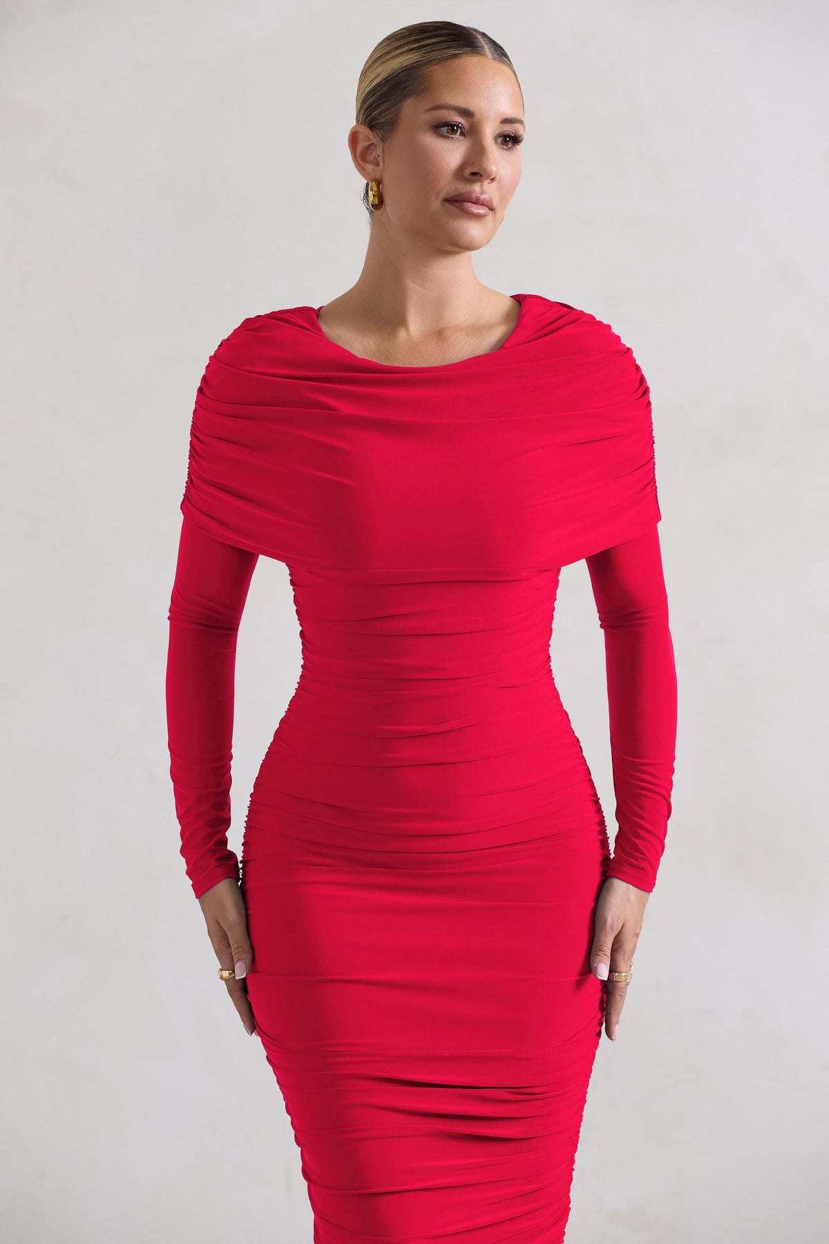 Lea | Red Long Sleeve Ruched Midi Dress With Draped Bardot Overlay