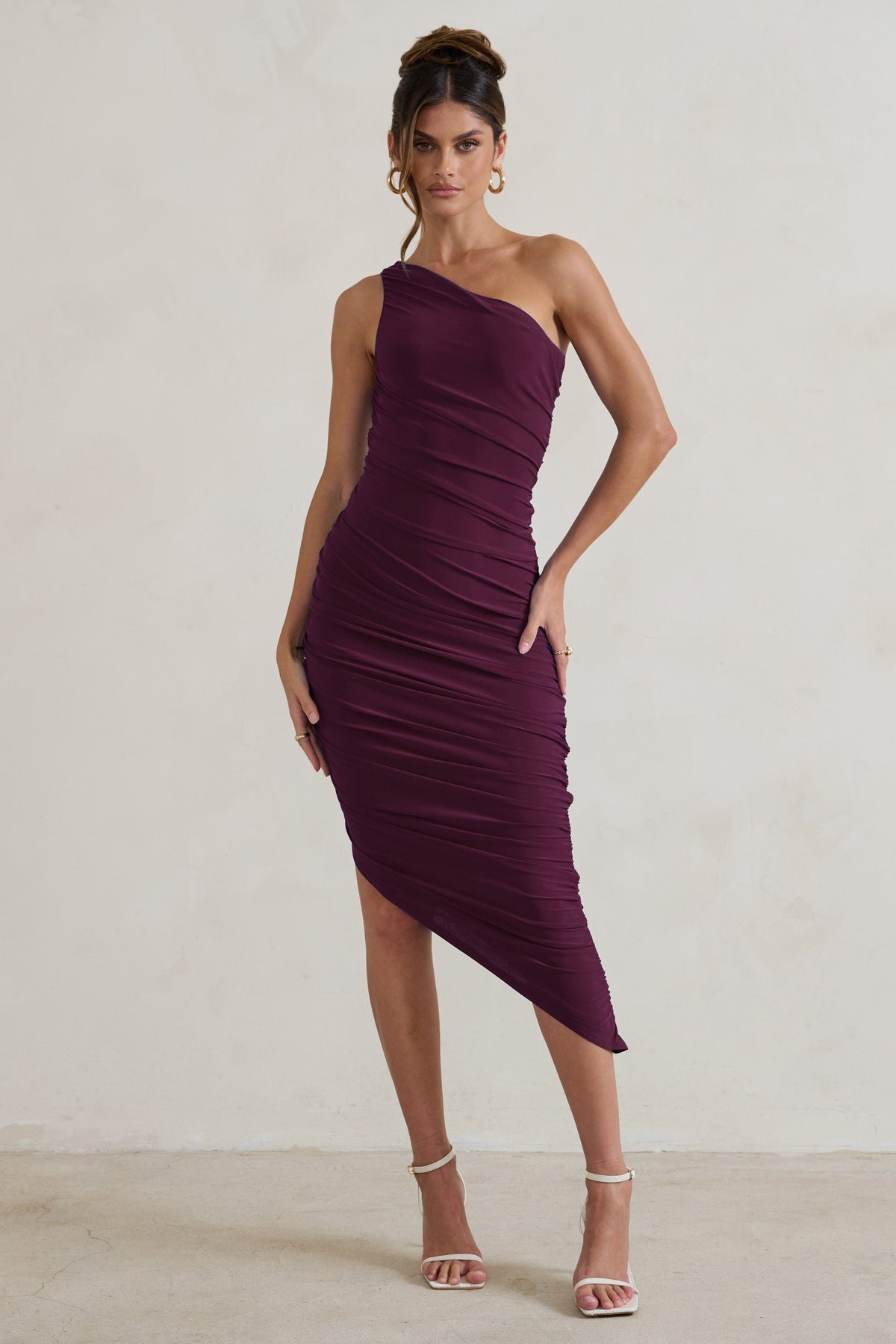 Dorit | Plum One Shoulder Asymmetric Ruched Midi Dress