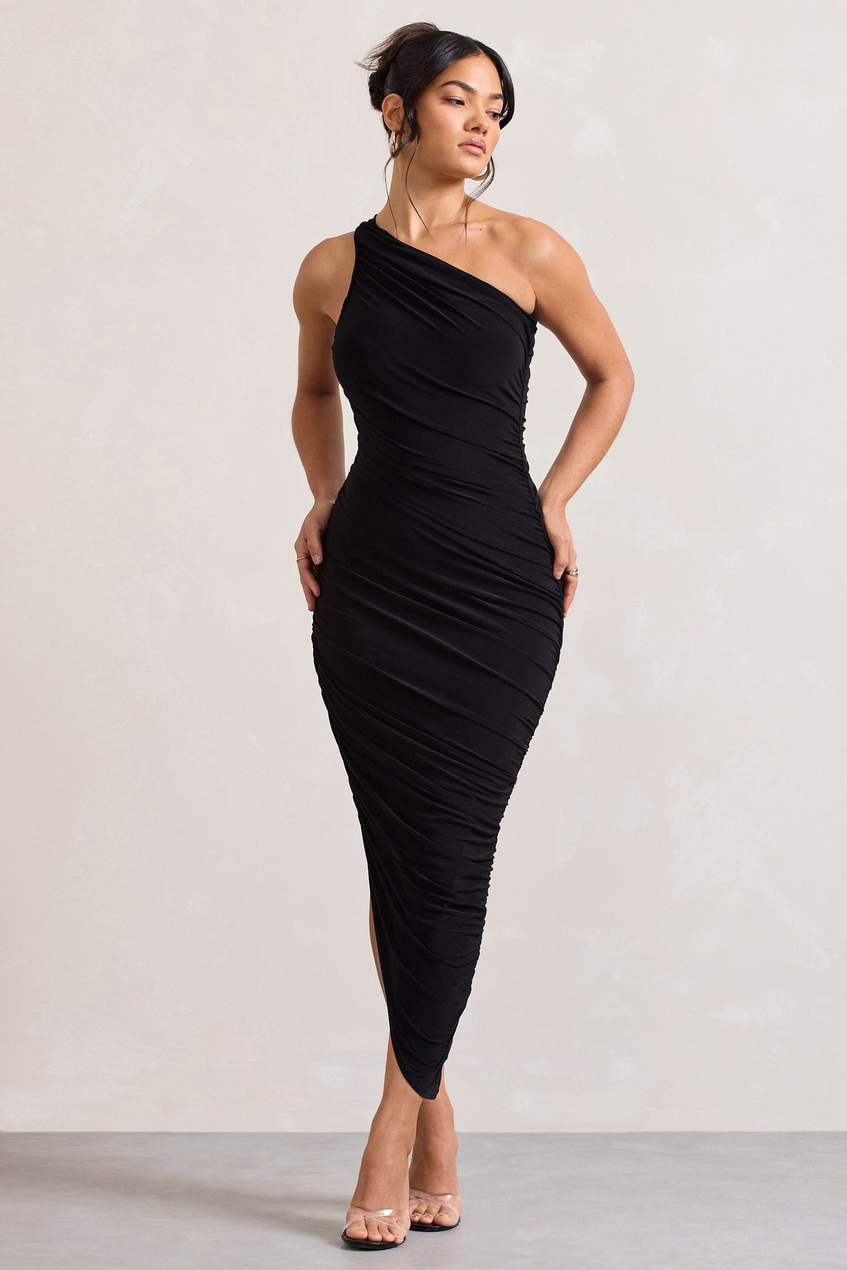 Dorit | Black One Shoulder Asymmetric Ruched Midi Dress