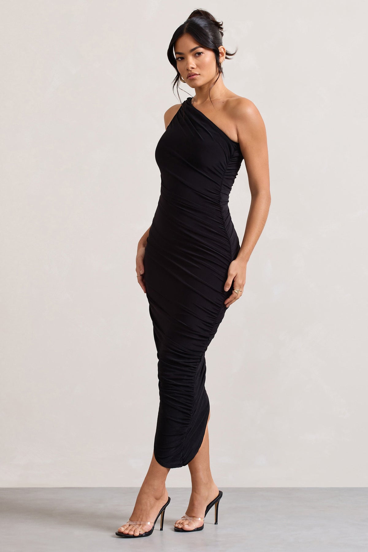 Dorit | Black One Shoulder Asymmetric Ruched Midi Dress