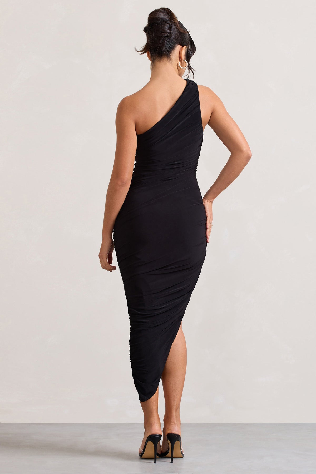 Dorit | Black One Shoulder Asymmetric Ruched Midi Dress