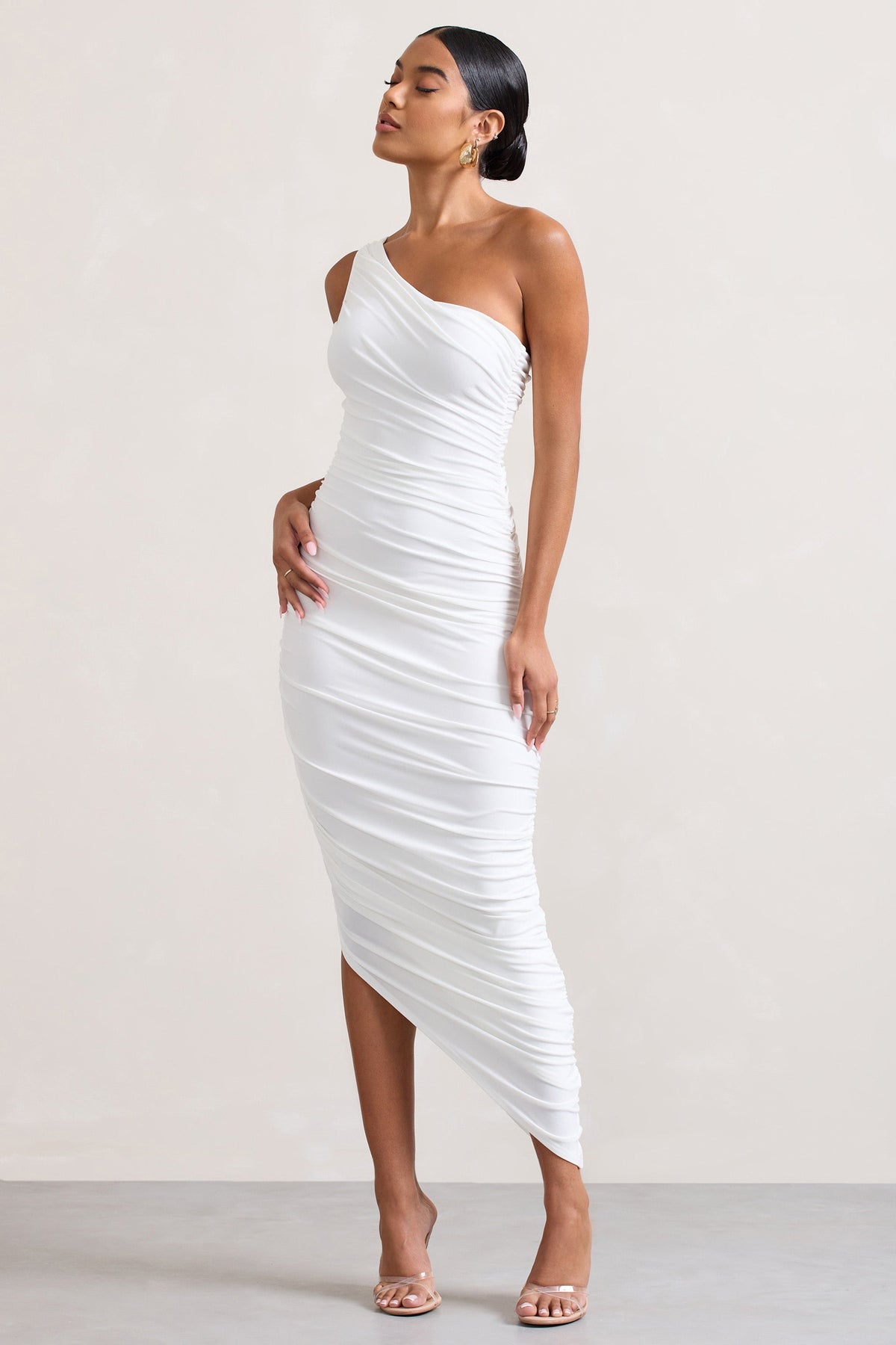 Dorit | White One Shoulder Asymmetric Ruched Midi Dress