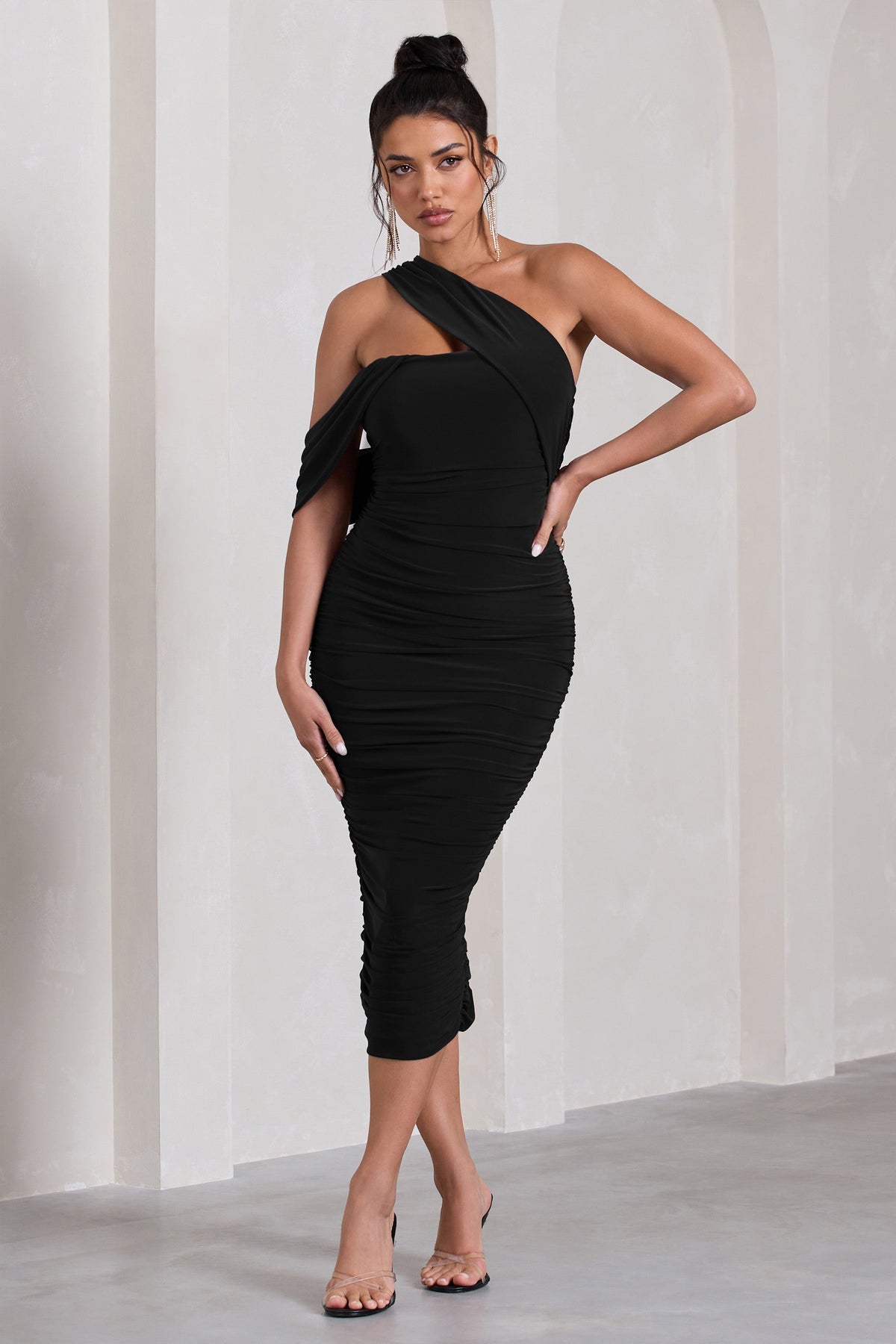 Cici | Black Asymmetric One Shoulder Ruched Midi Dress