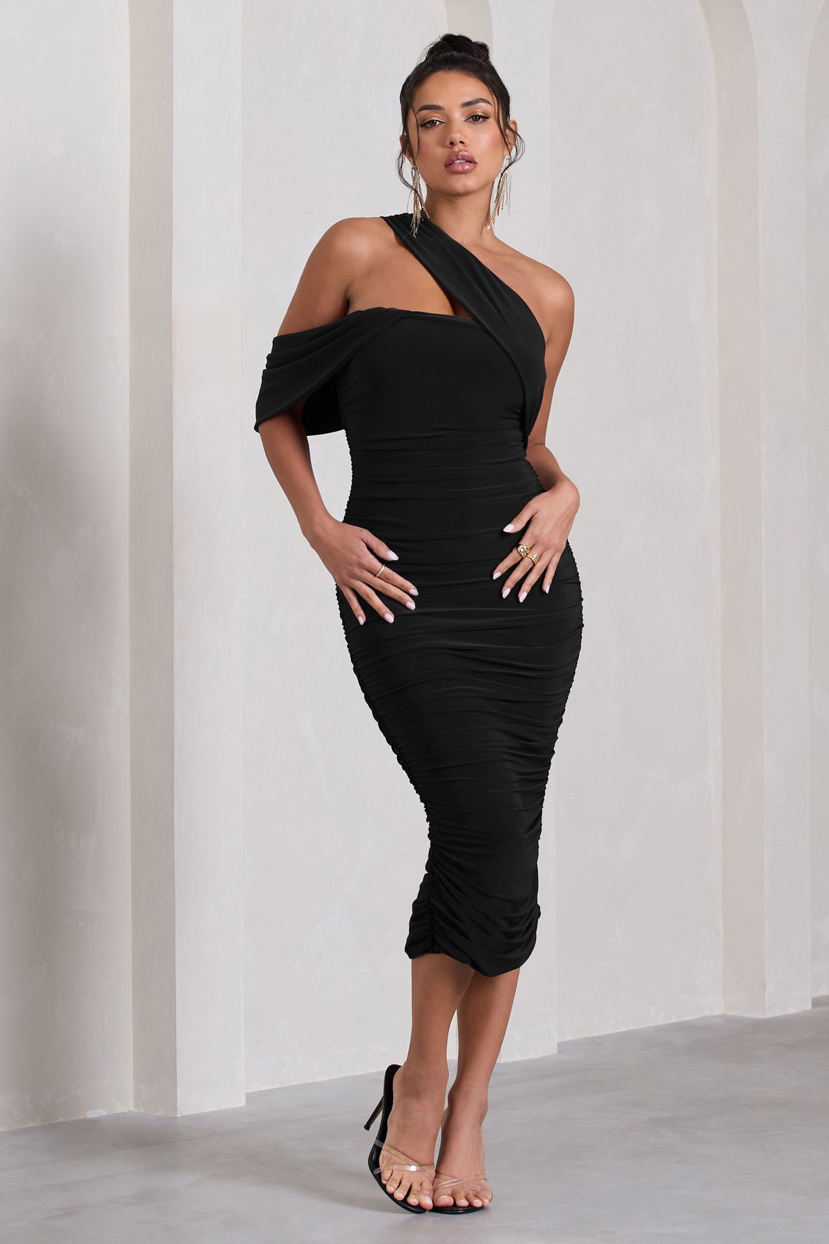 Cici | Black Asymmetric One Shoulder Ruched Midi Dress