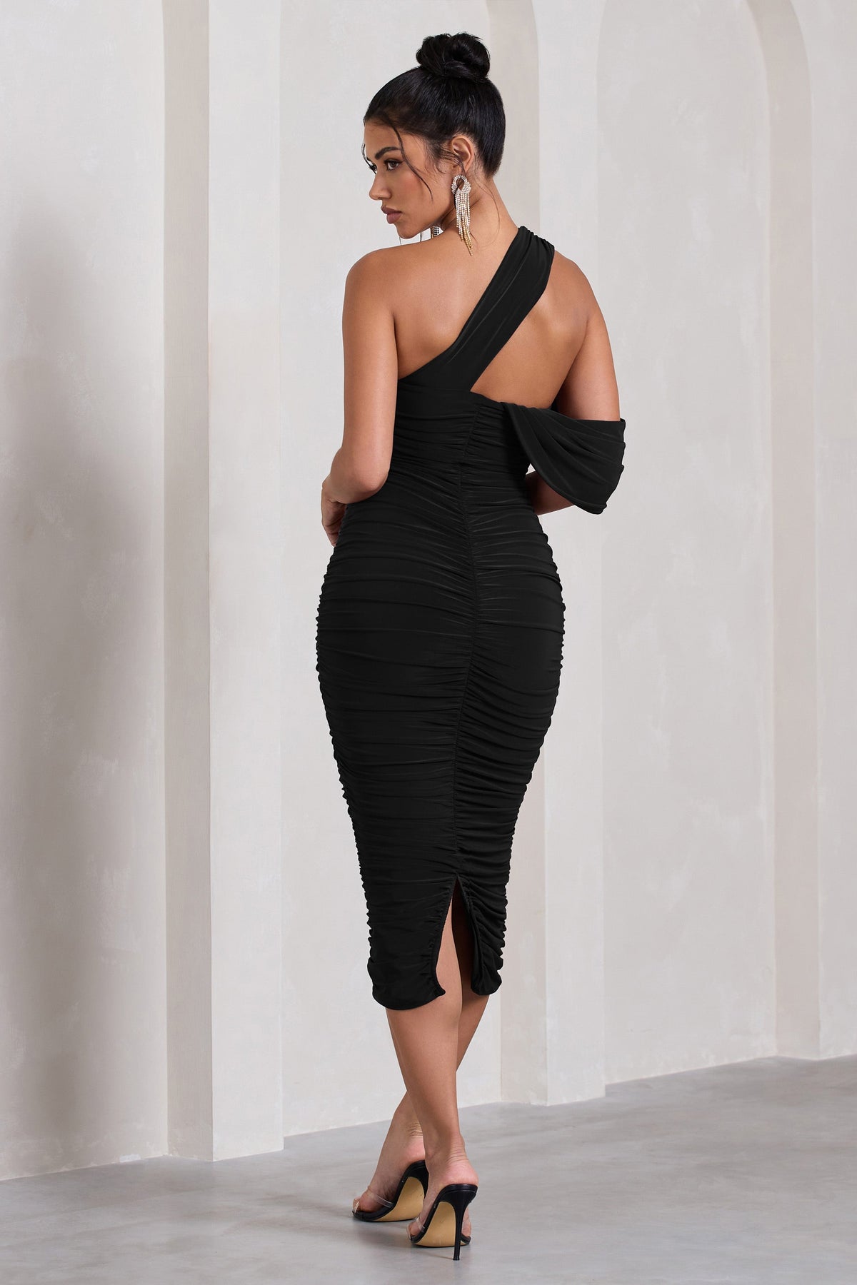 Cici | Black Asymmetric One Shoulder Ruched Midi Dress