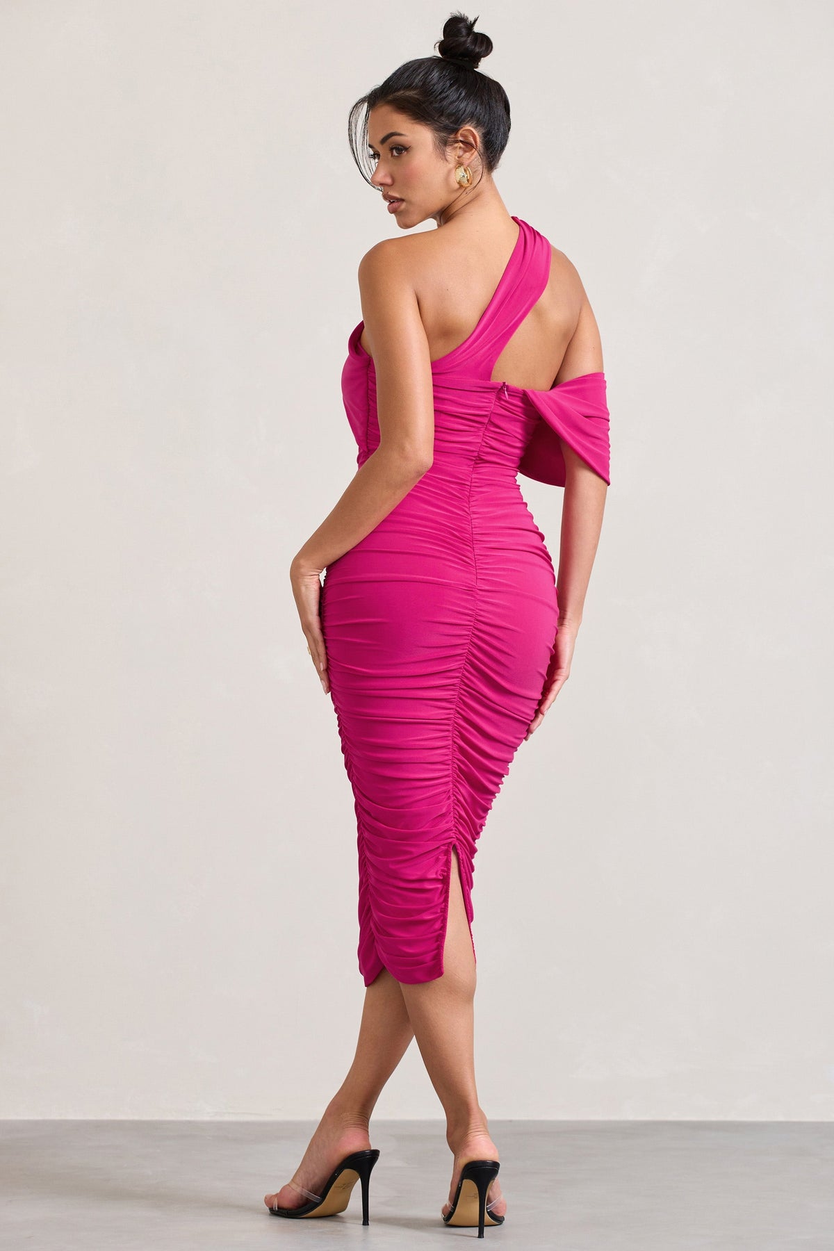 Cici | Hot Pink Asymmetric One Shoulder Ruched Midi Dress