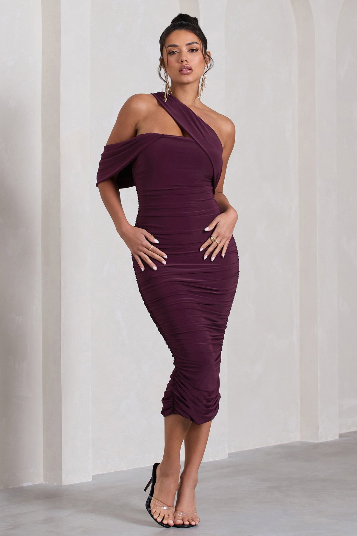 Cici | Plum Asymmetric One Shoulder Ruched Midi Dress