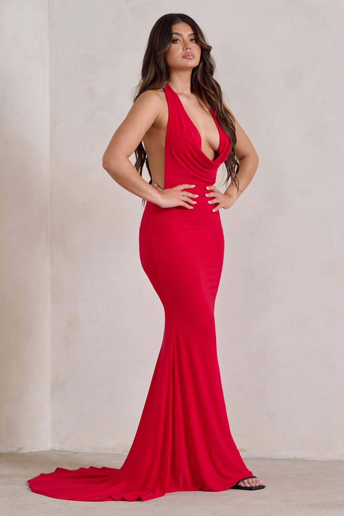 Saffina | Red Cowl Neck Low Back Maxi Dress