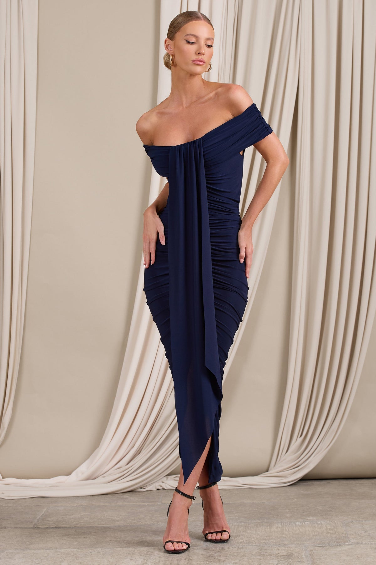 Camrin | Navy Ruched Bardot Maxi Dress With Train Detail