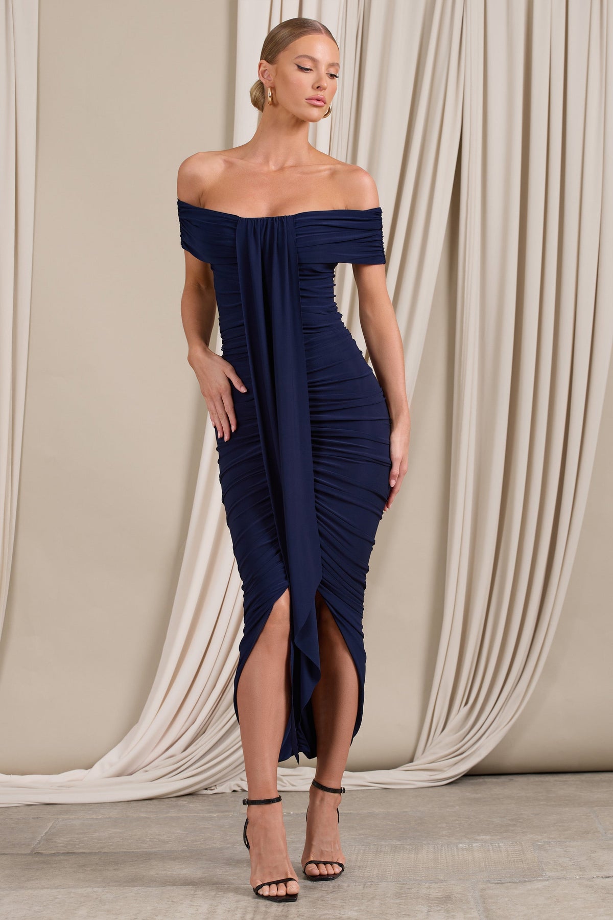 Camrin | Navy Ruched Bardot Maxi Dress With Train Detail