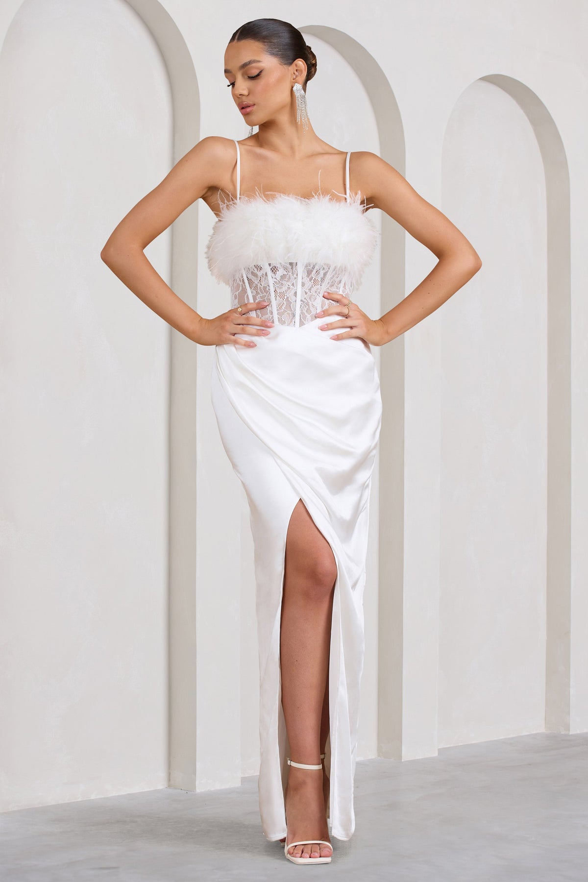 Countess | White Lace Corset Maxi Dress With Feather Trim