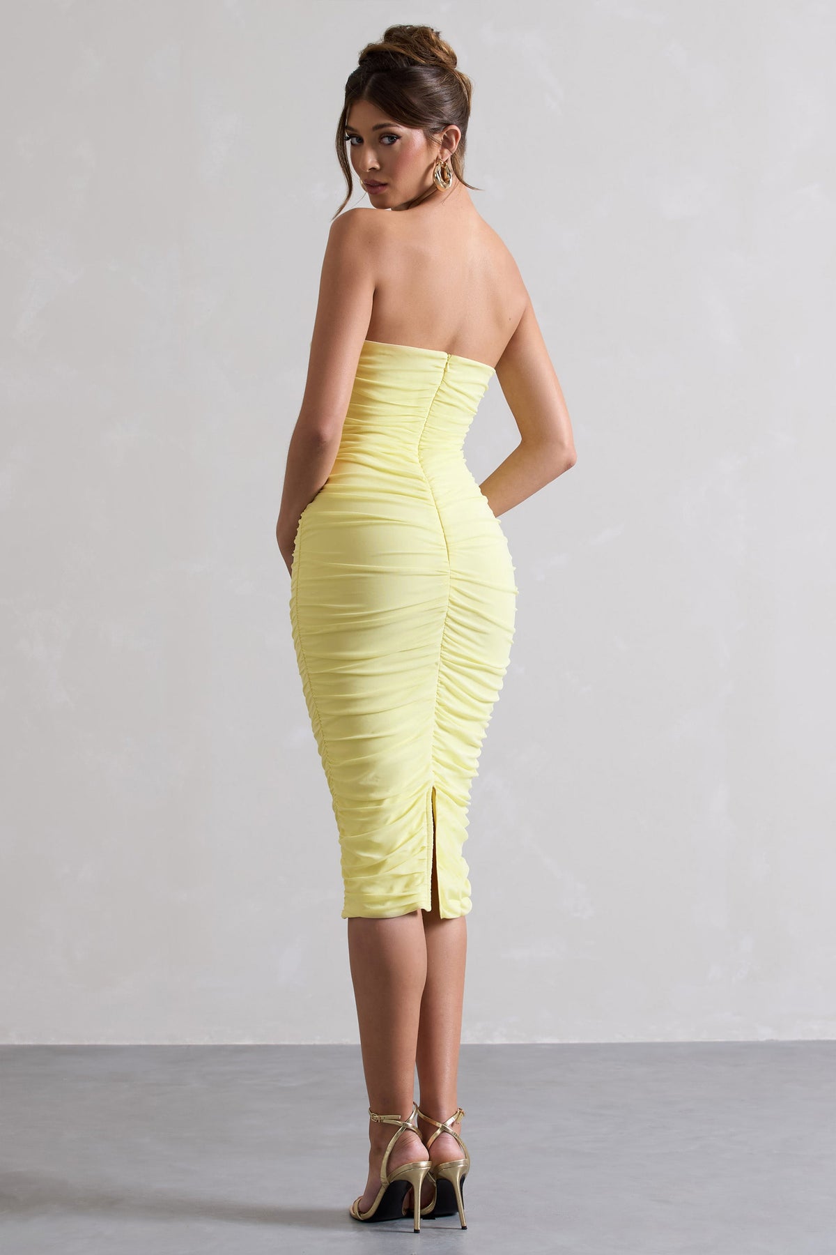 My Girl | Lemon Strapless Bodycon Ruched Mesh Midi Dress