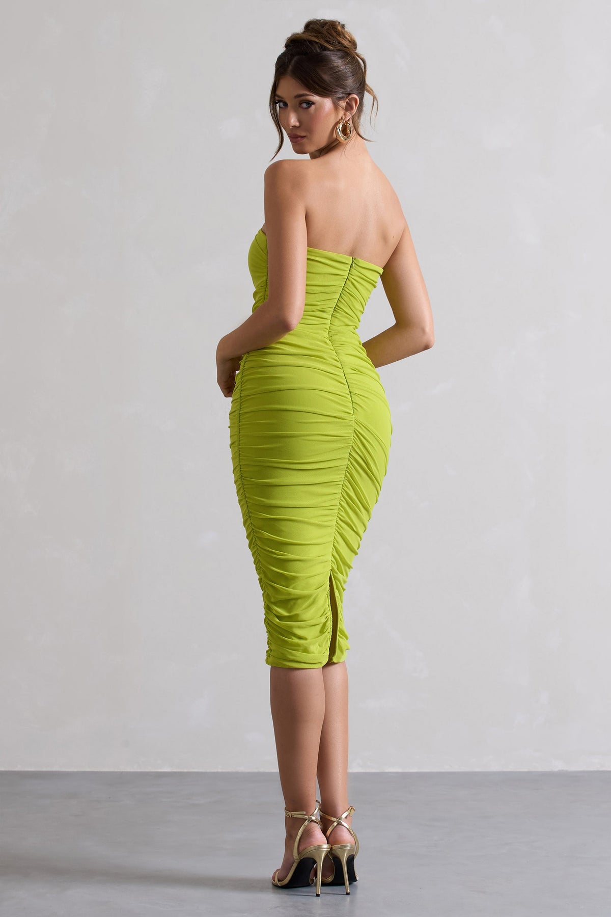 My Girl | Green Strapless Bodycon Ruched Mesh Midi Dress