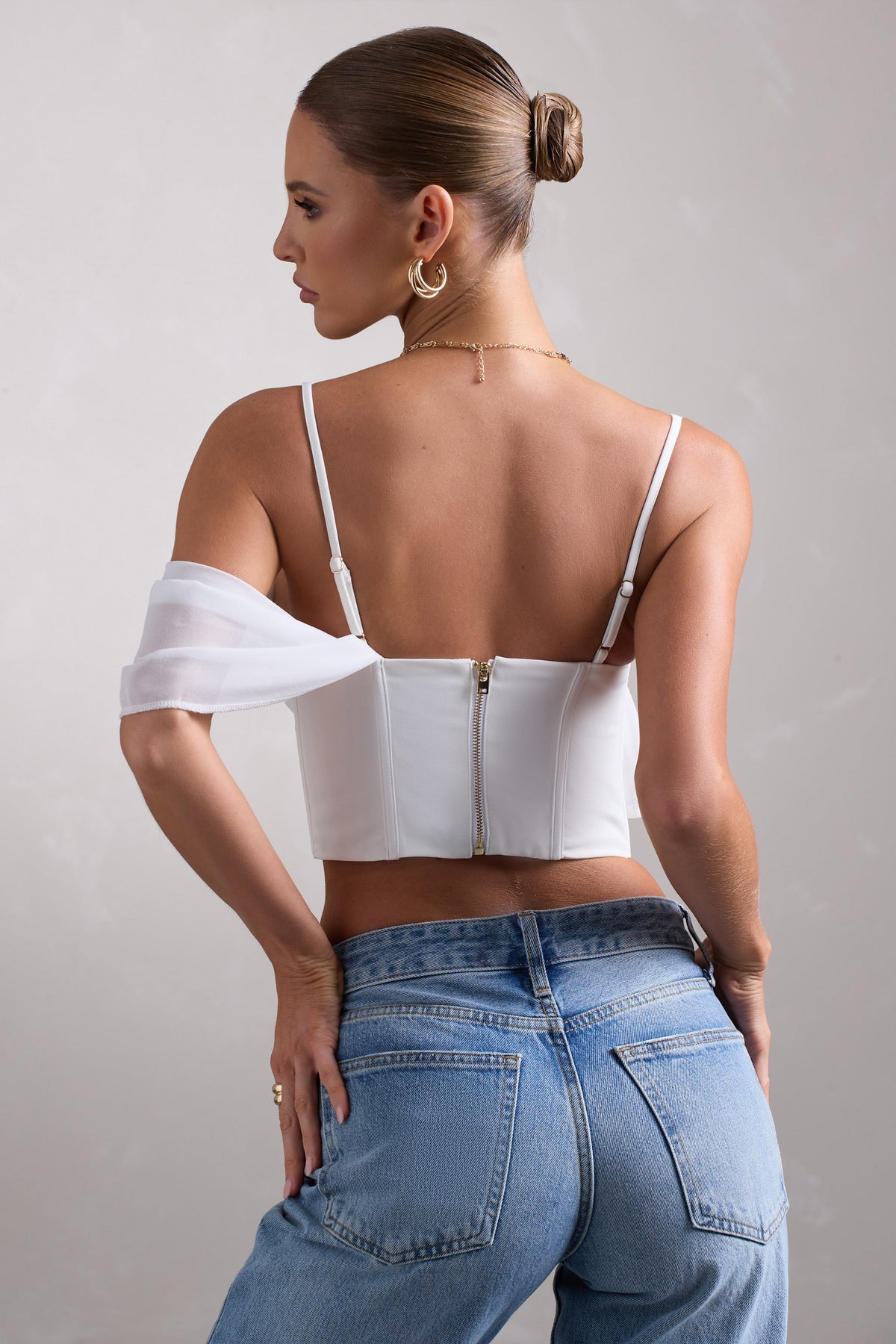 Lost In Your Love | White Asymmetric Corset Top With Draped Chiffon Sleeve