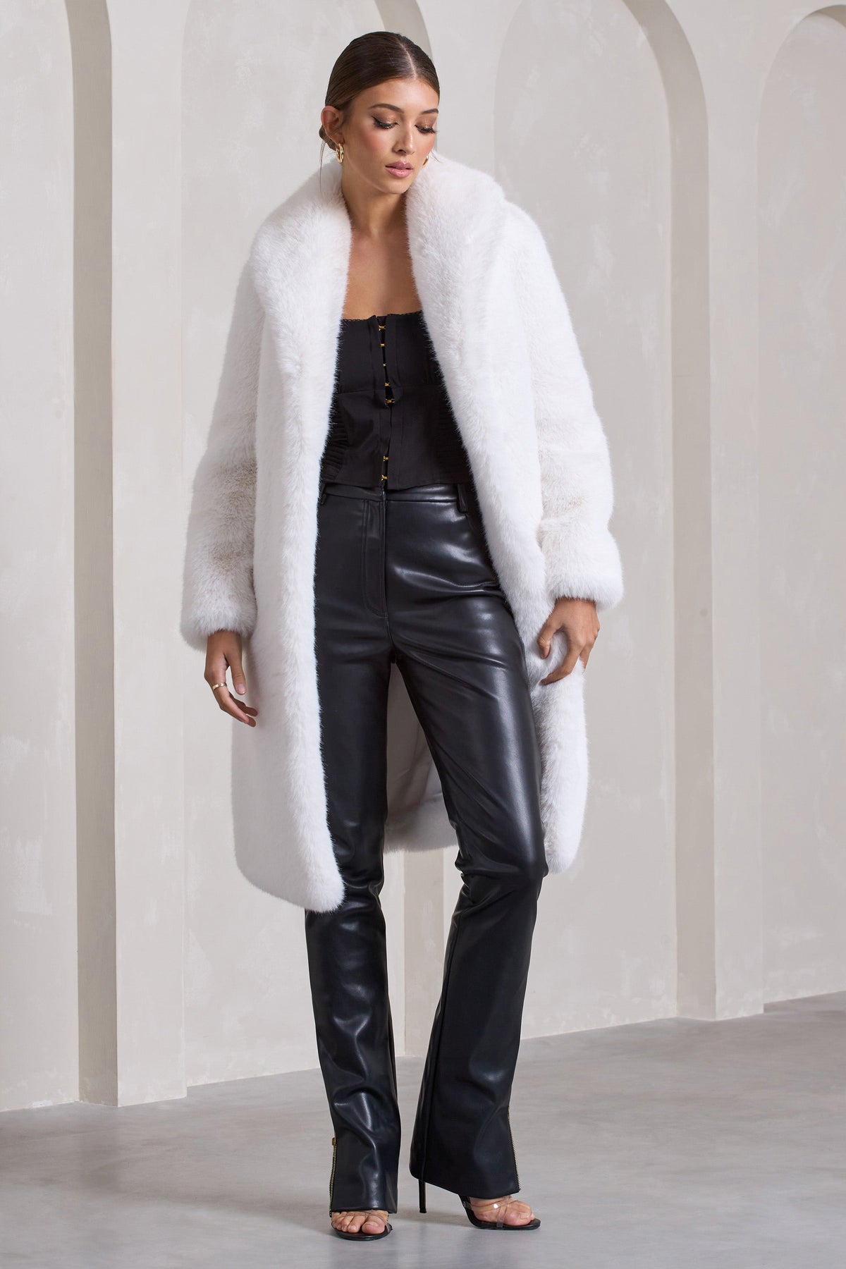 Slopeside | Cream Long Belted Faux Fur Coat