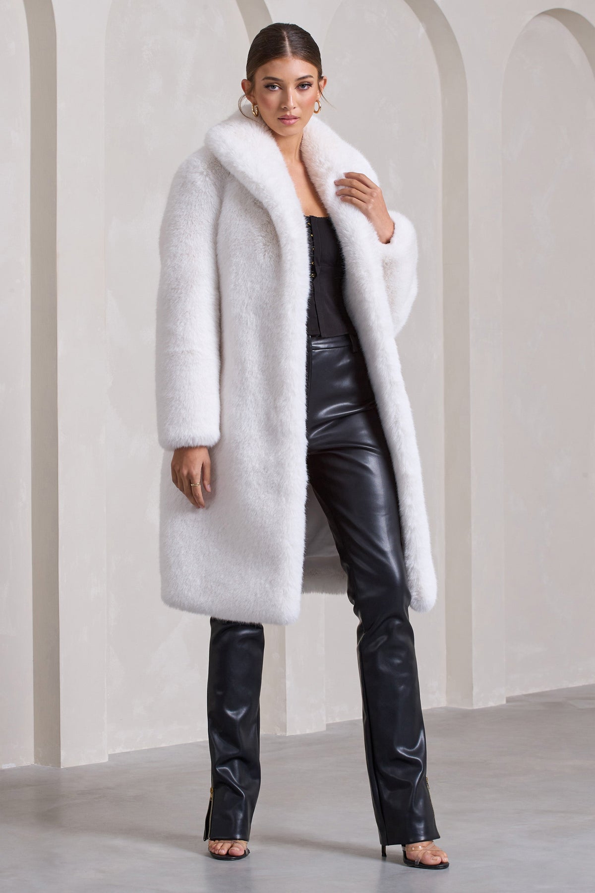 Slopeside | Cream Long Belted Faux Fur Coat