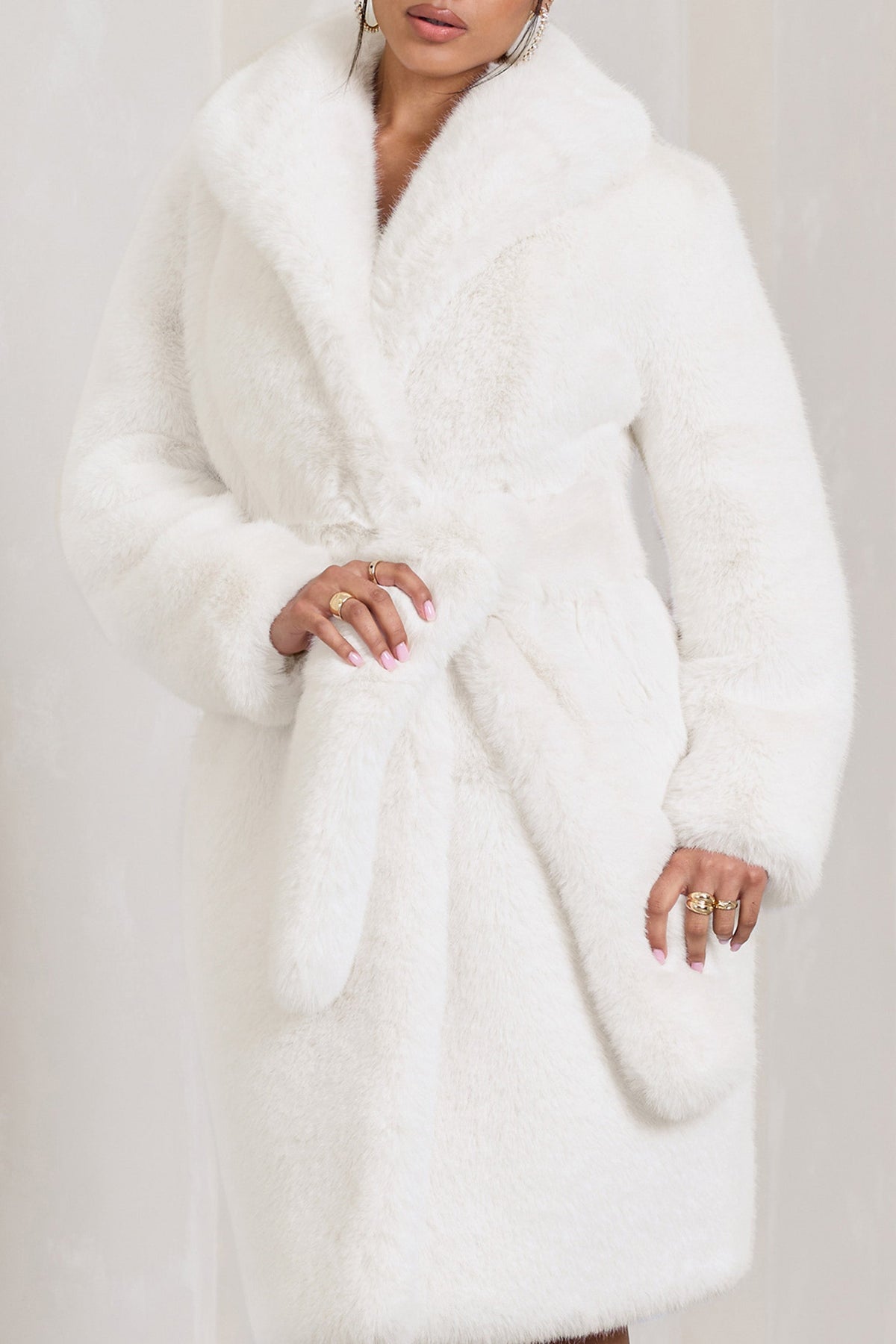 Slopeside | Cream Long Belted Faux Fur Coat