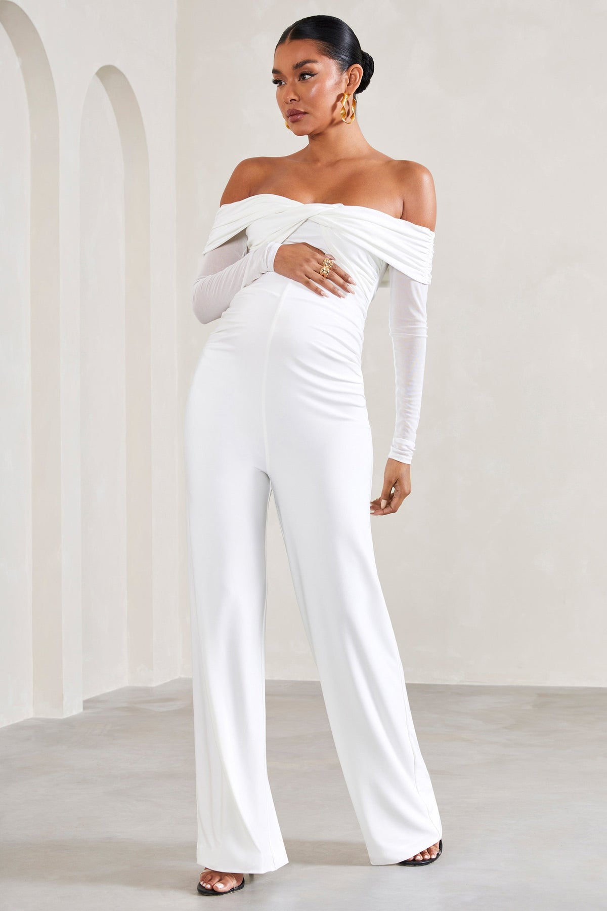 Kyla | White Ruched Bardot Long-Sleeved Wide-Leg Maternity Jumpsuit