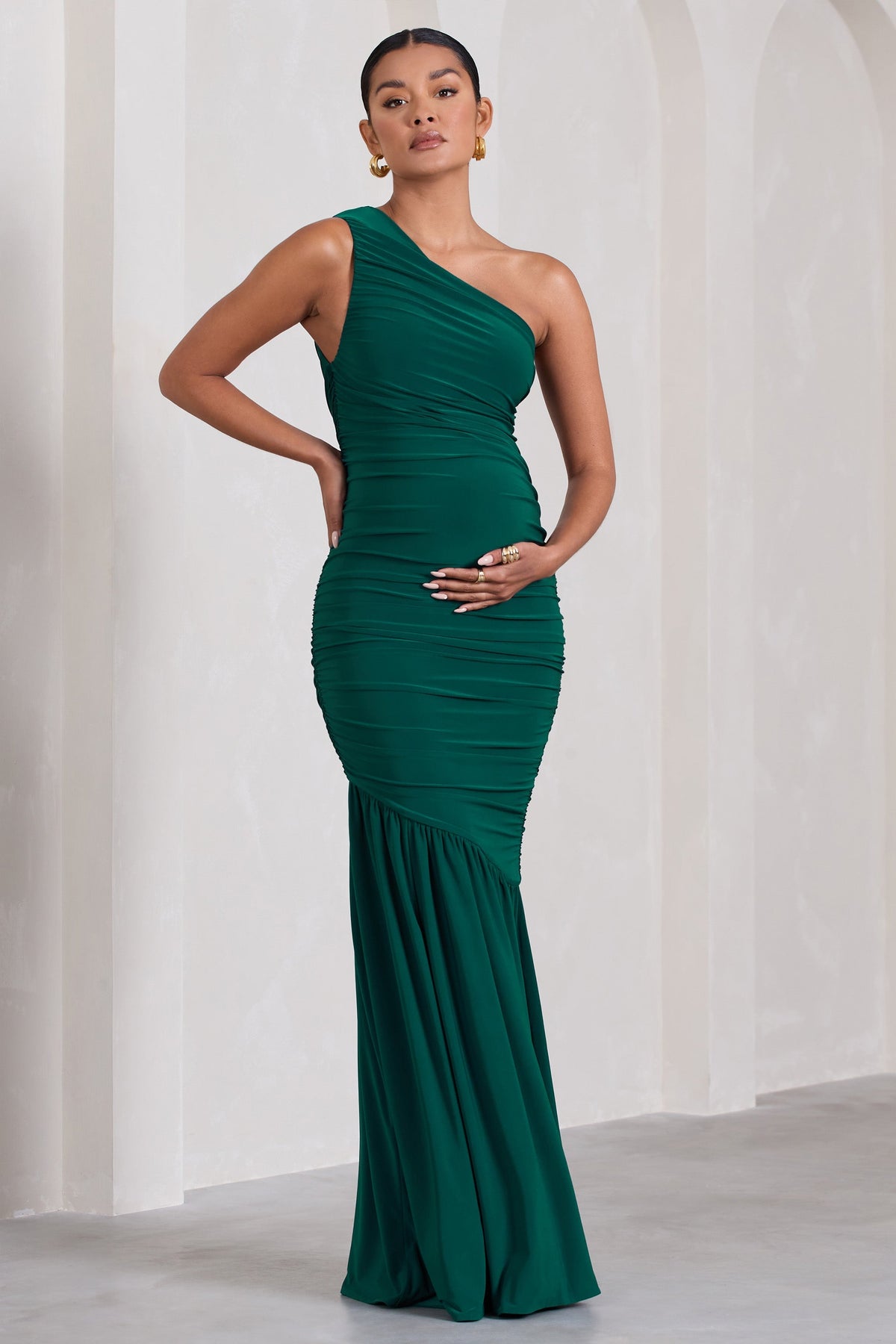 Make My Day | Bottle Green One-Shoulder Ruched Split Maternity Maxi Dress