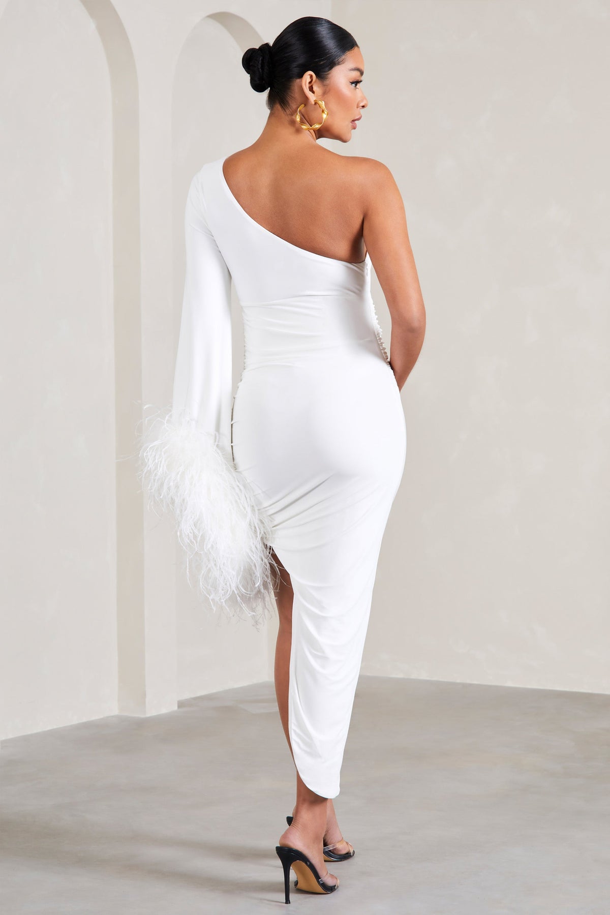 With A Flourish | White Asymmetric One-Sleeved Maternity Maxi Dress With Feathers