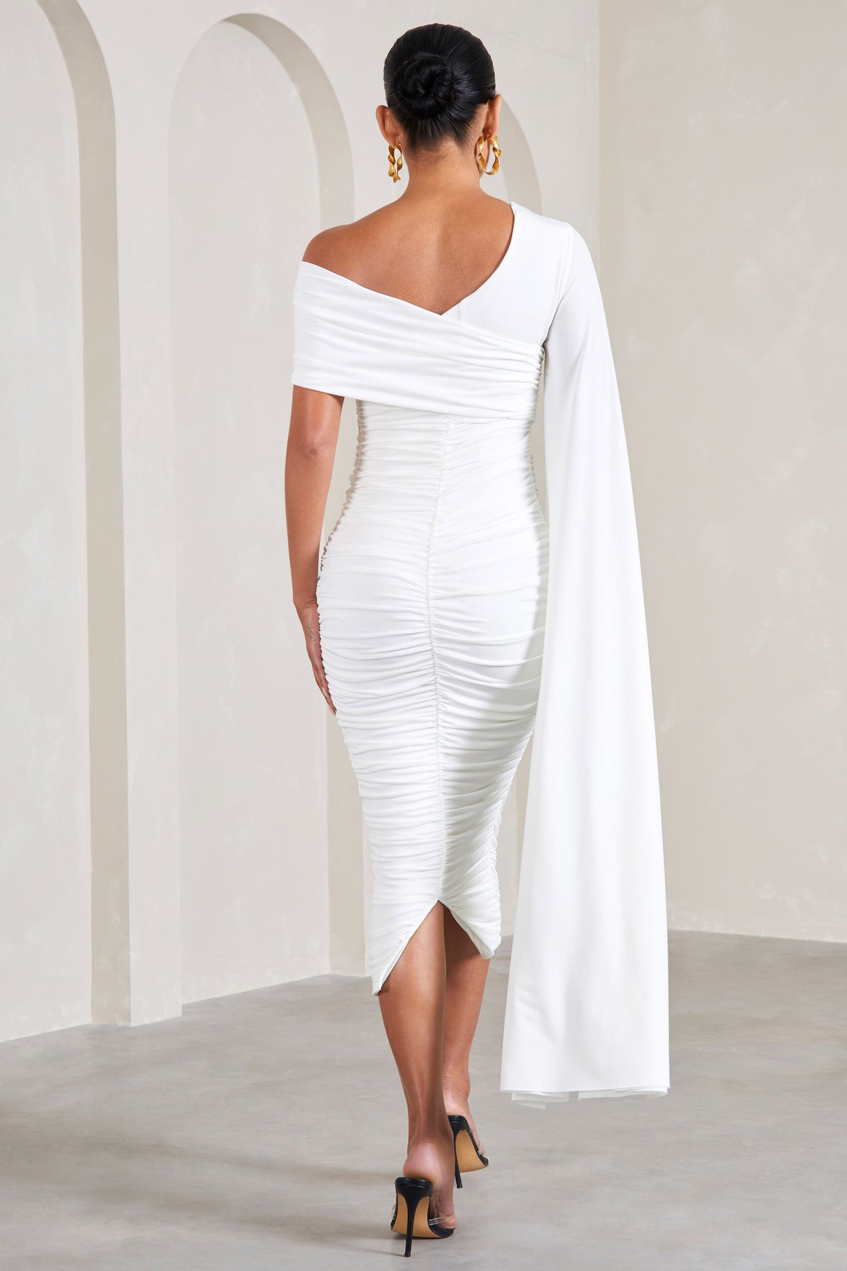 Serenity | White Ruched Asymmetric Maternity Midi Dress With Cape