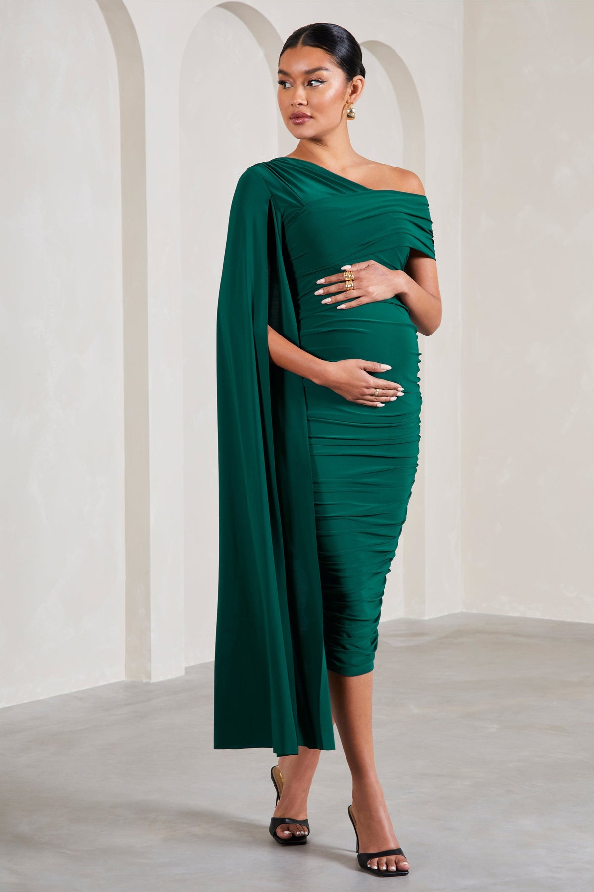 Serenity | Bottle Green Ruched Asymmetric Maternity Midi Dress With Cape