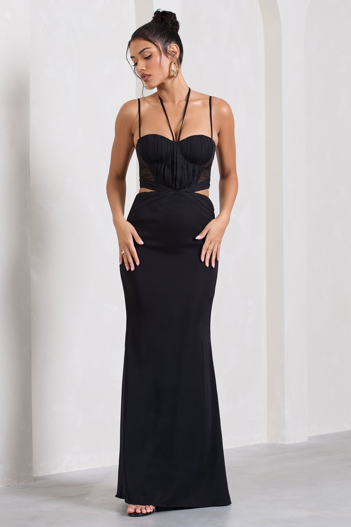 Stardom | Black Chiffon Strappy Sweetheart Cut-Out Maxi Dress