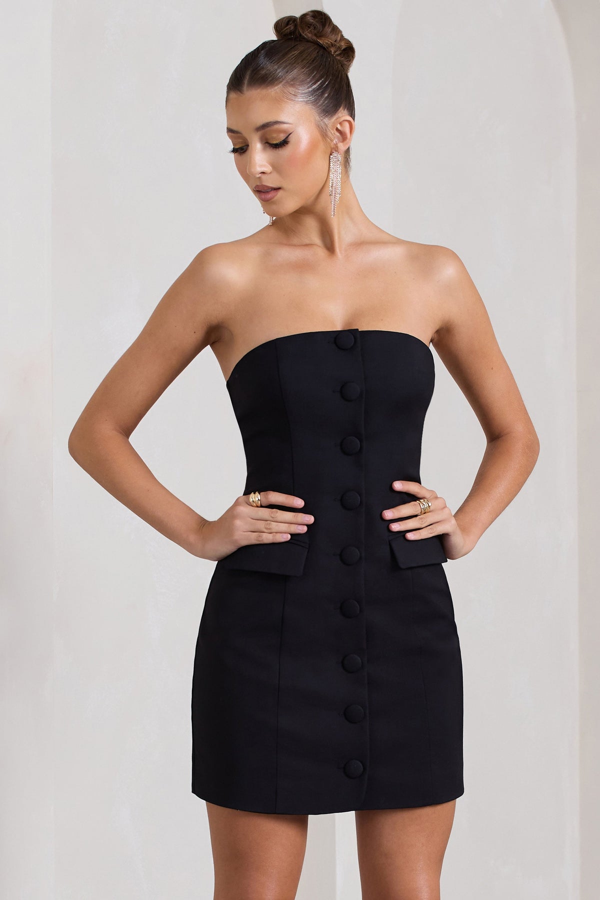 Rina | Black Strapless Tailored Mini Dress With Button Front