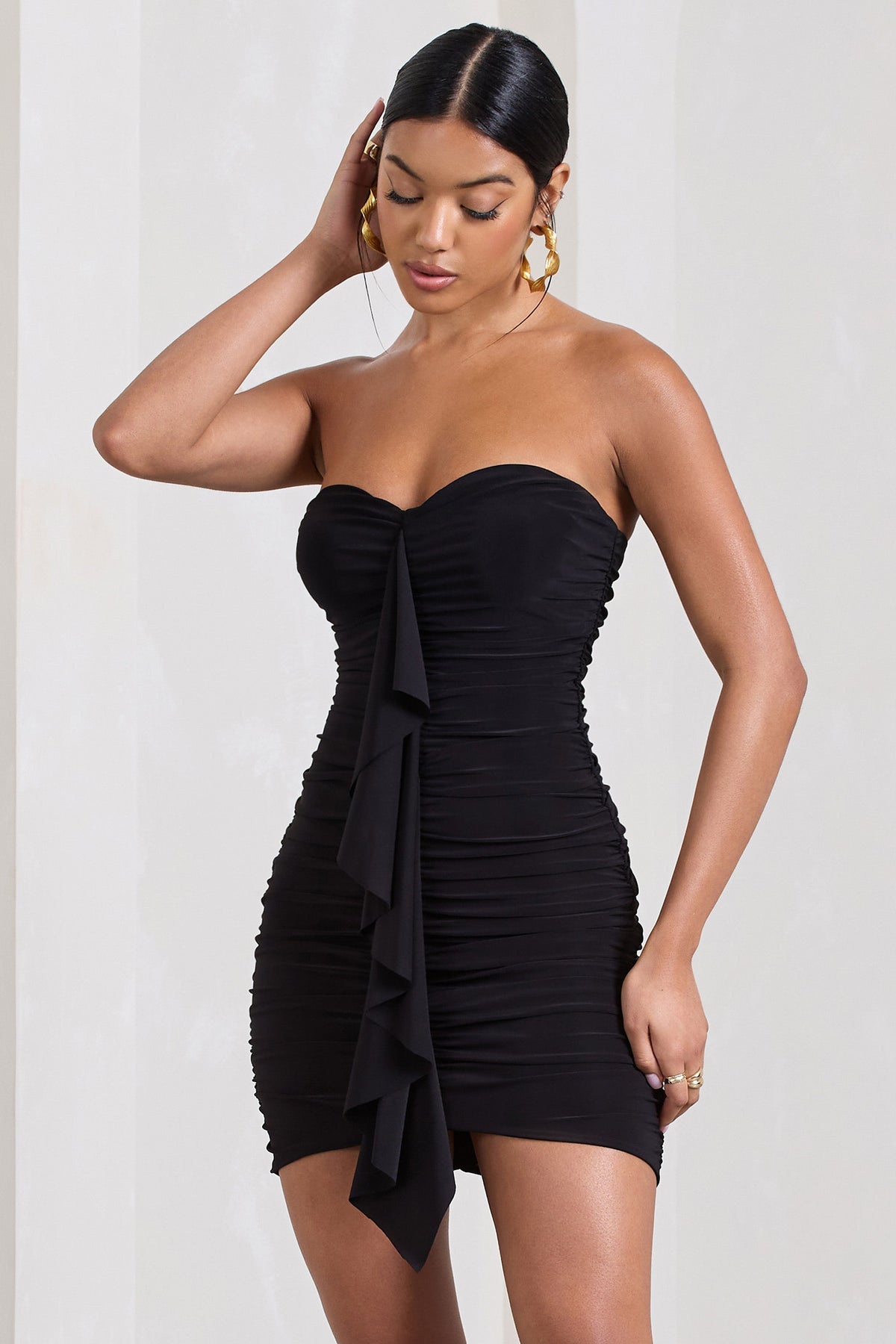 Treasure | Black Strapless Sweetheart Mini Dress With Ruffle