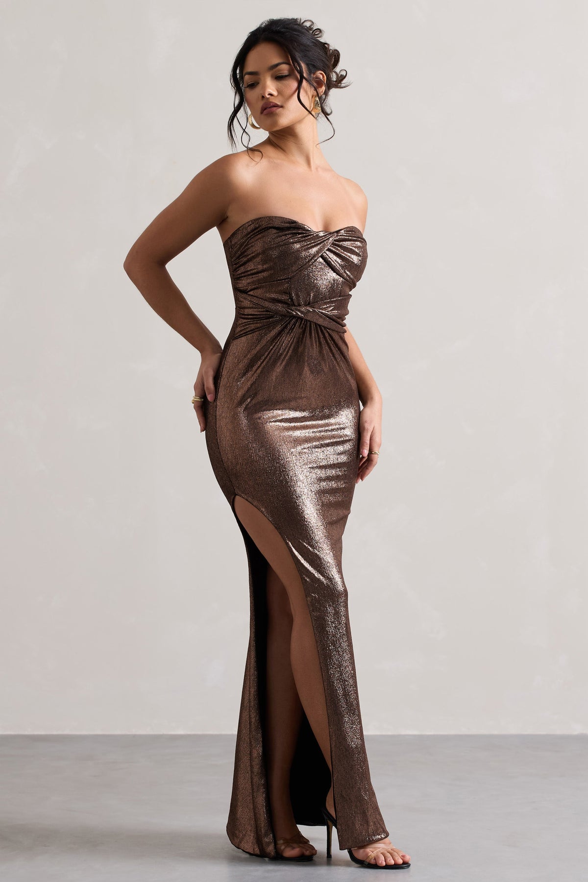 Nomad | Bronze Metallic Strapless Split Maxi Dress