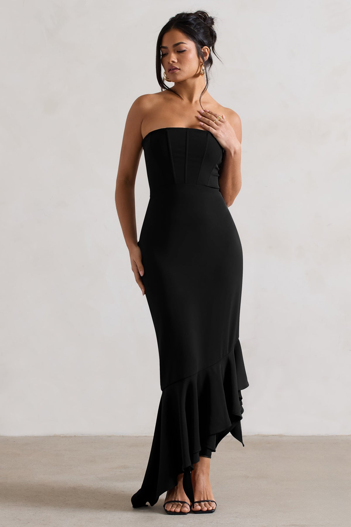 Sandy | Black Strapless Corset Asymmetric Maxi Dress