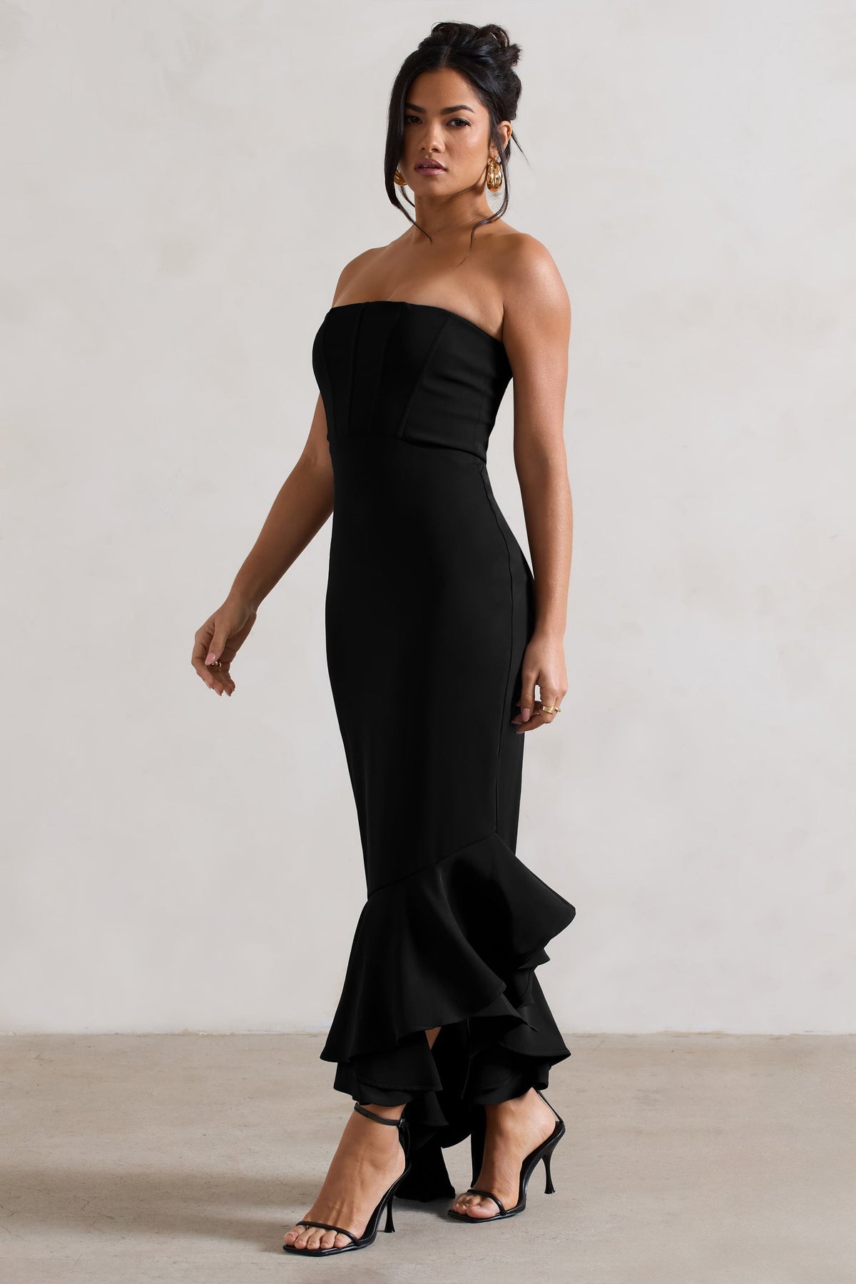 Sandy | Black Strapless Corset Asymmetric Maxi Dress