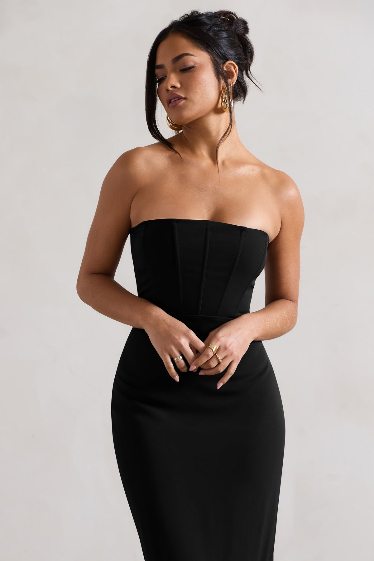 Sandy | Black Strapless Corset Asymmetric Maxi Dress