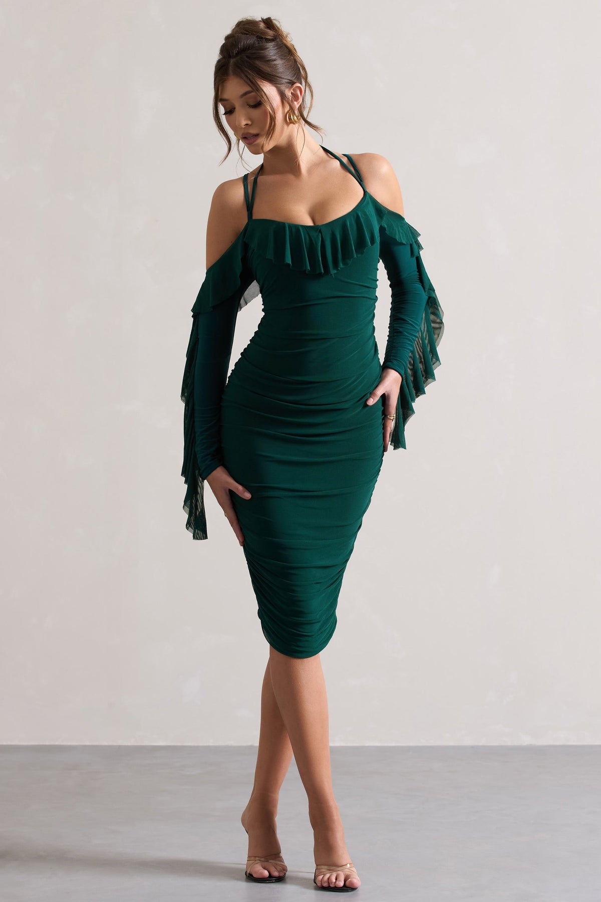 Quinn | Bottle Green Ruched Strappy Long-Sleeved Midi Dress With Ruffles