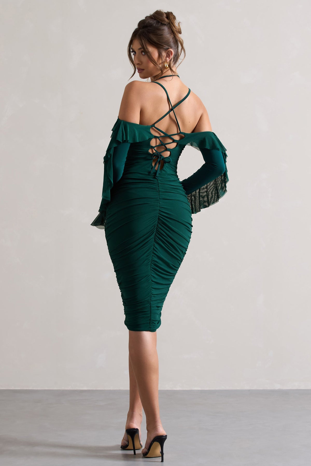 Quinn | Bottle Green Ruched Strappy Long-Sleeved Midi Dress With Ruffles