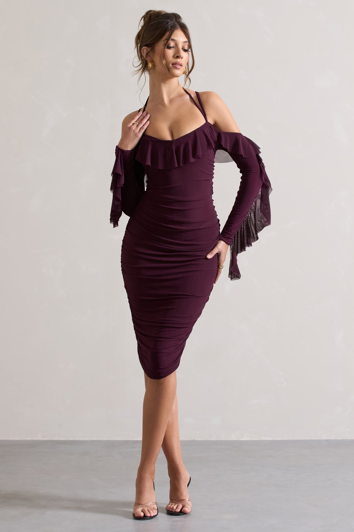 Quinn | Dark Cherry Ruched Strappy Long-Sleeved Midi Dress With Ruffles