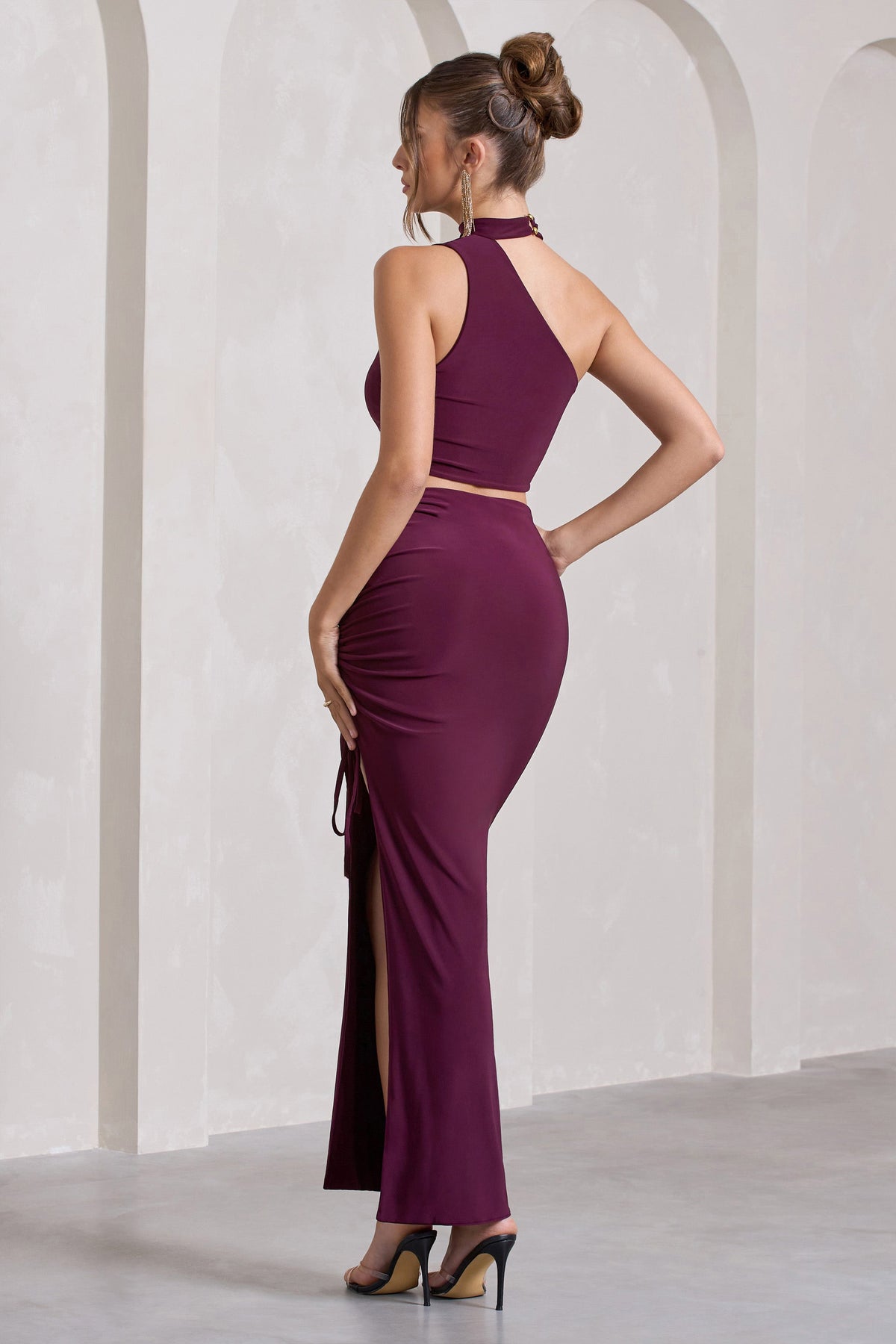 In The Air | Plum Ruched Asymmetric High-Waisted Maxi Skirt