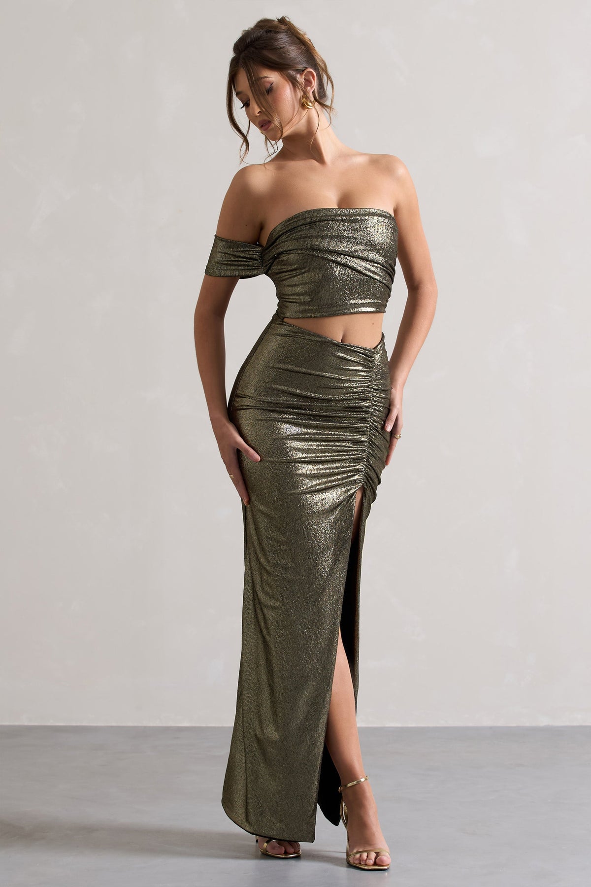 Gilded | Gold Metallic One-Sleeved Cut-Out Split Maxi Dress