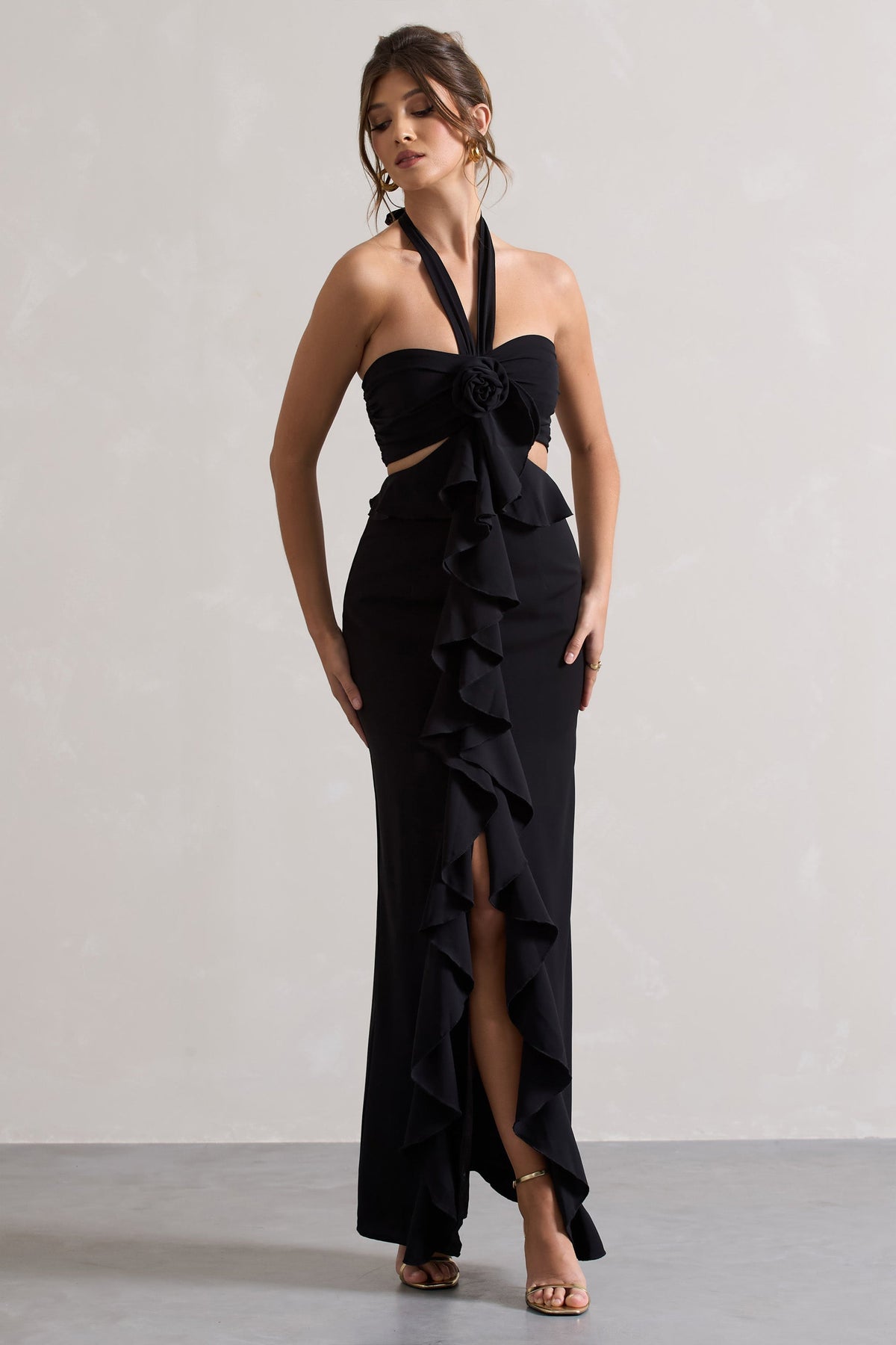 Powerful | Black Cut-Out Halter-Neck Maxi Dress With Flower & Ruffles