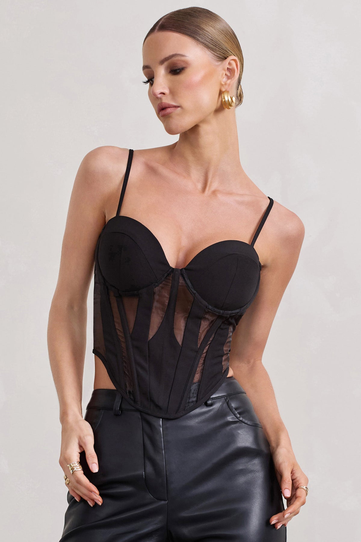 Electra | Black Mesh Panelled Strappy Corset Top