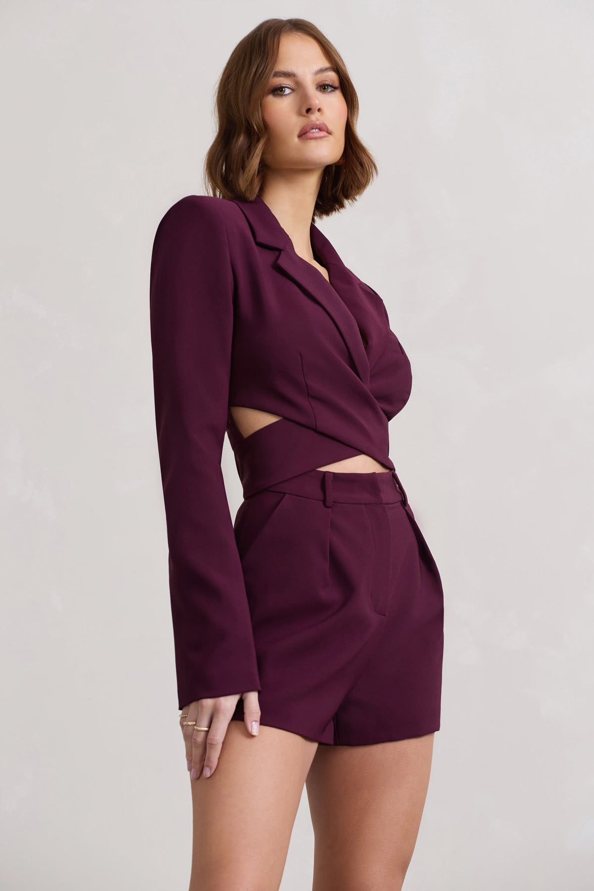 Madison | Plum Plunge Tie Waist Tailored Playsuit