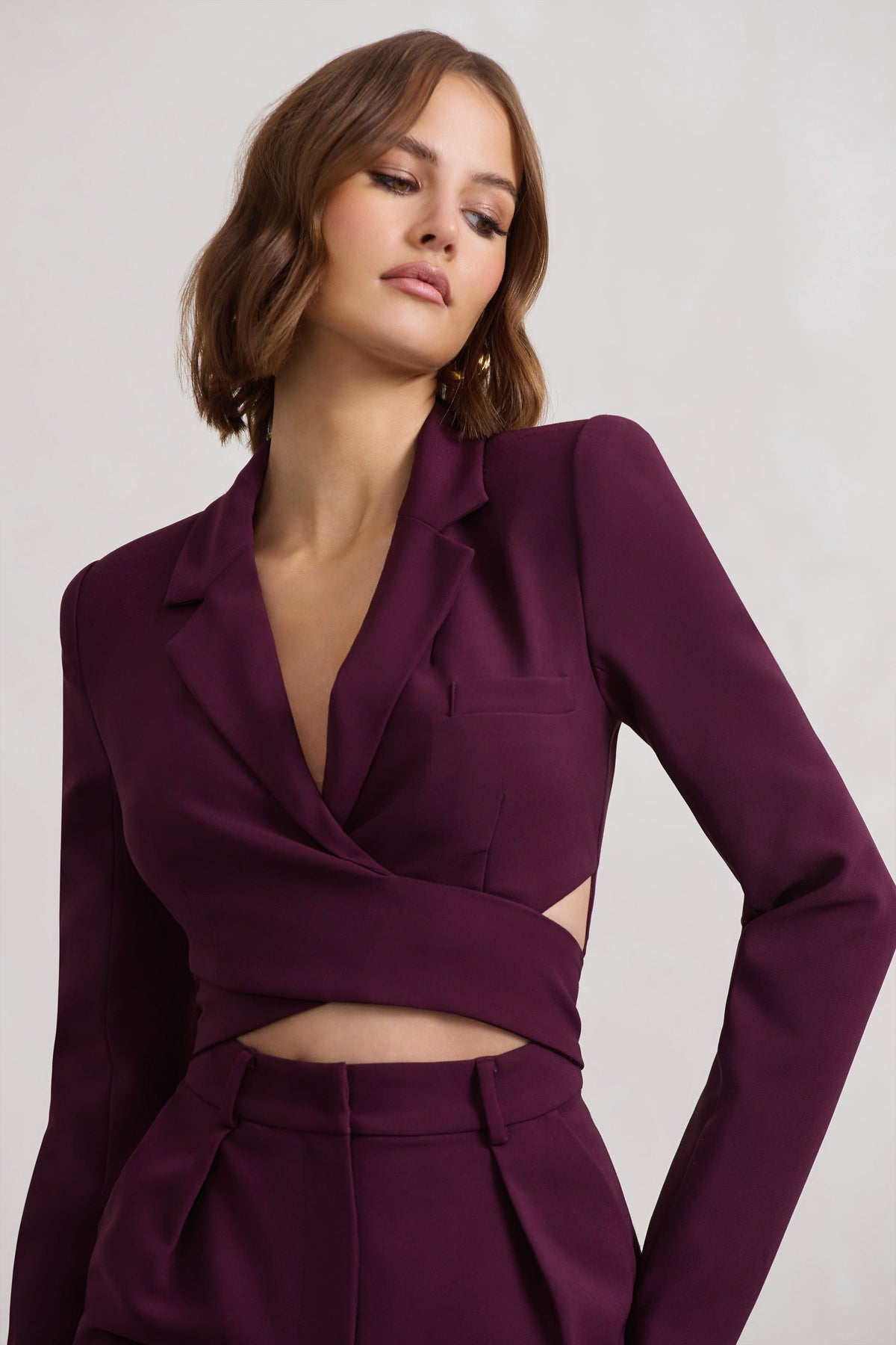 Madison | Plum Plunge Tie Waist Tailored Playsuit