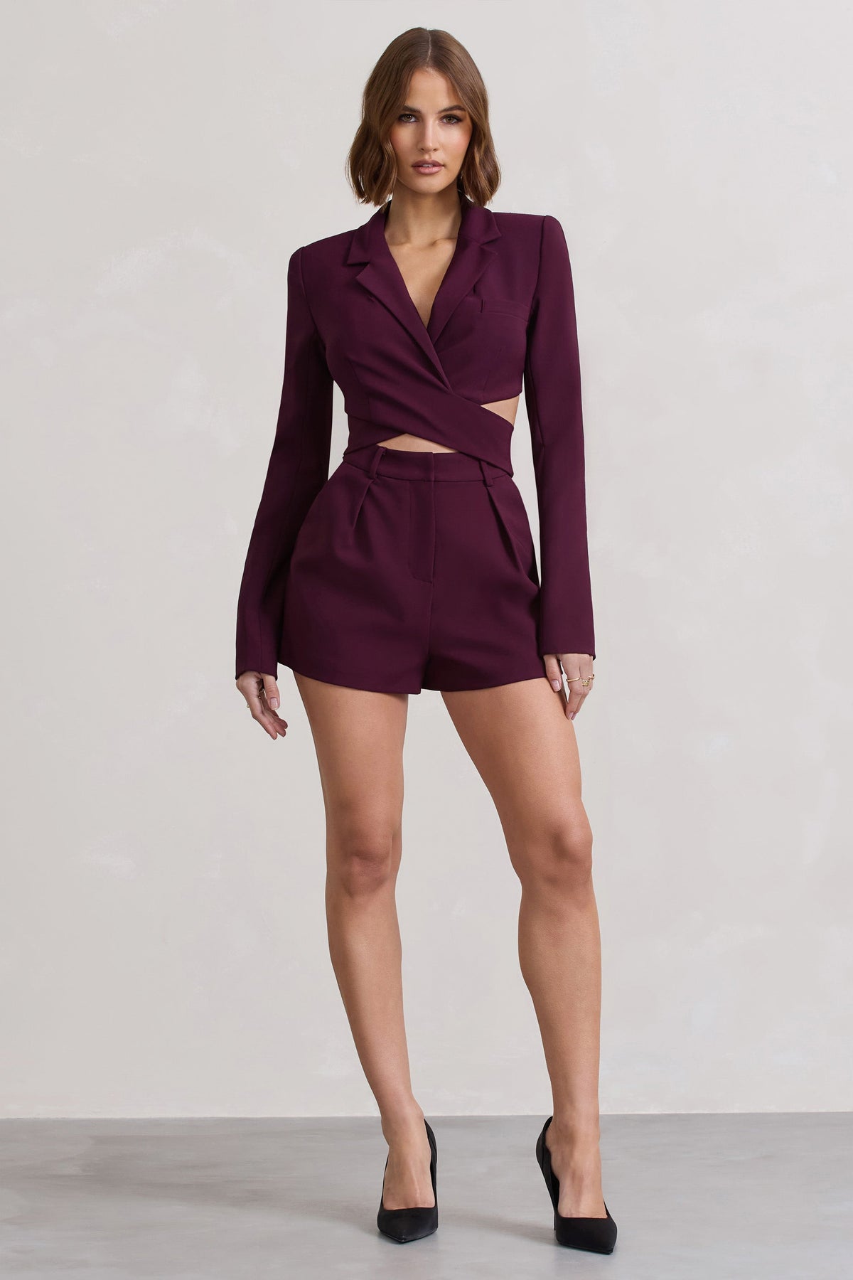 Madison | Plum Plunge Tie Waist Tailored Playsuit