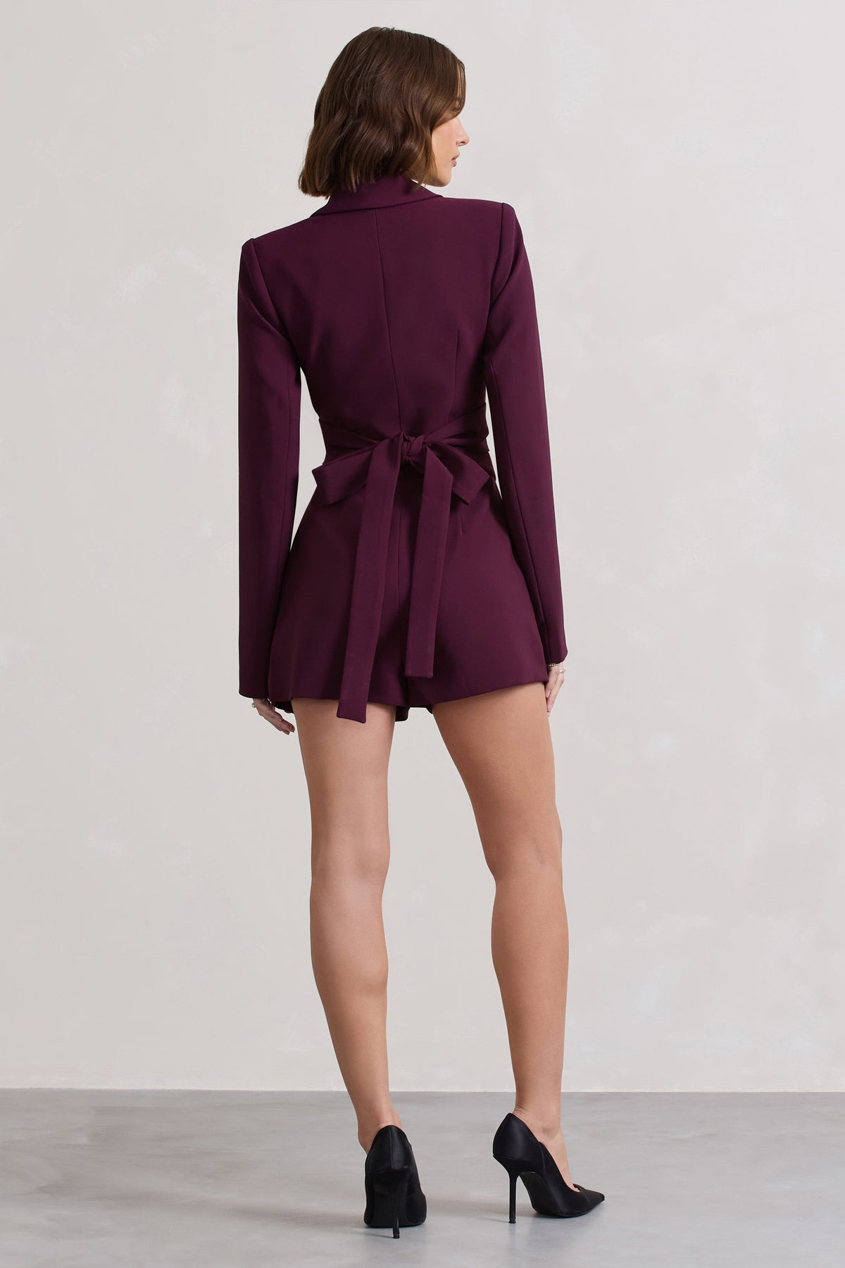 Madison | Plum Plunge Tie Waist Tailored Playsuit