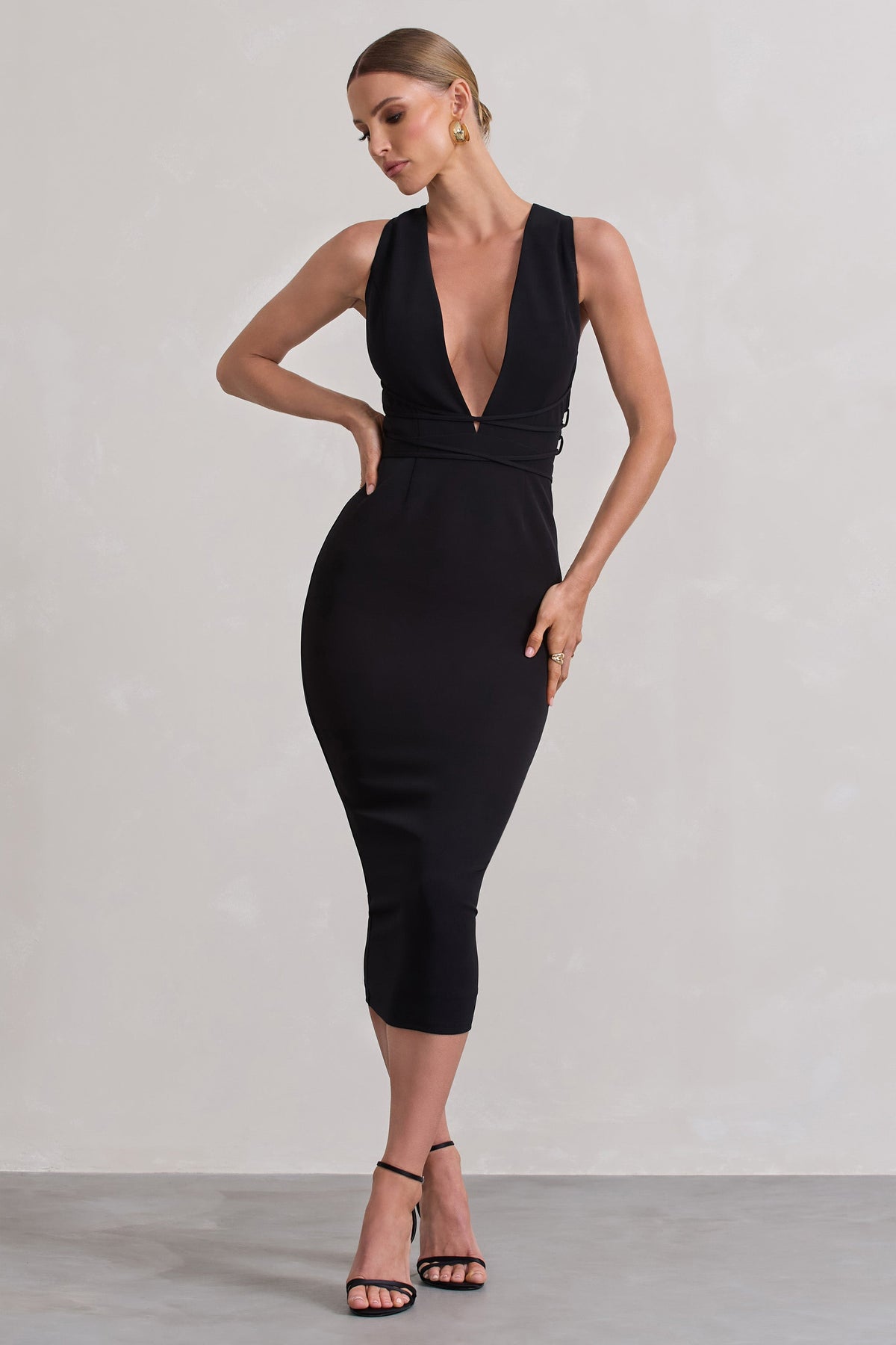 Odessa | Black Plunge Sleeveless Midi Dress With Tie Waist