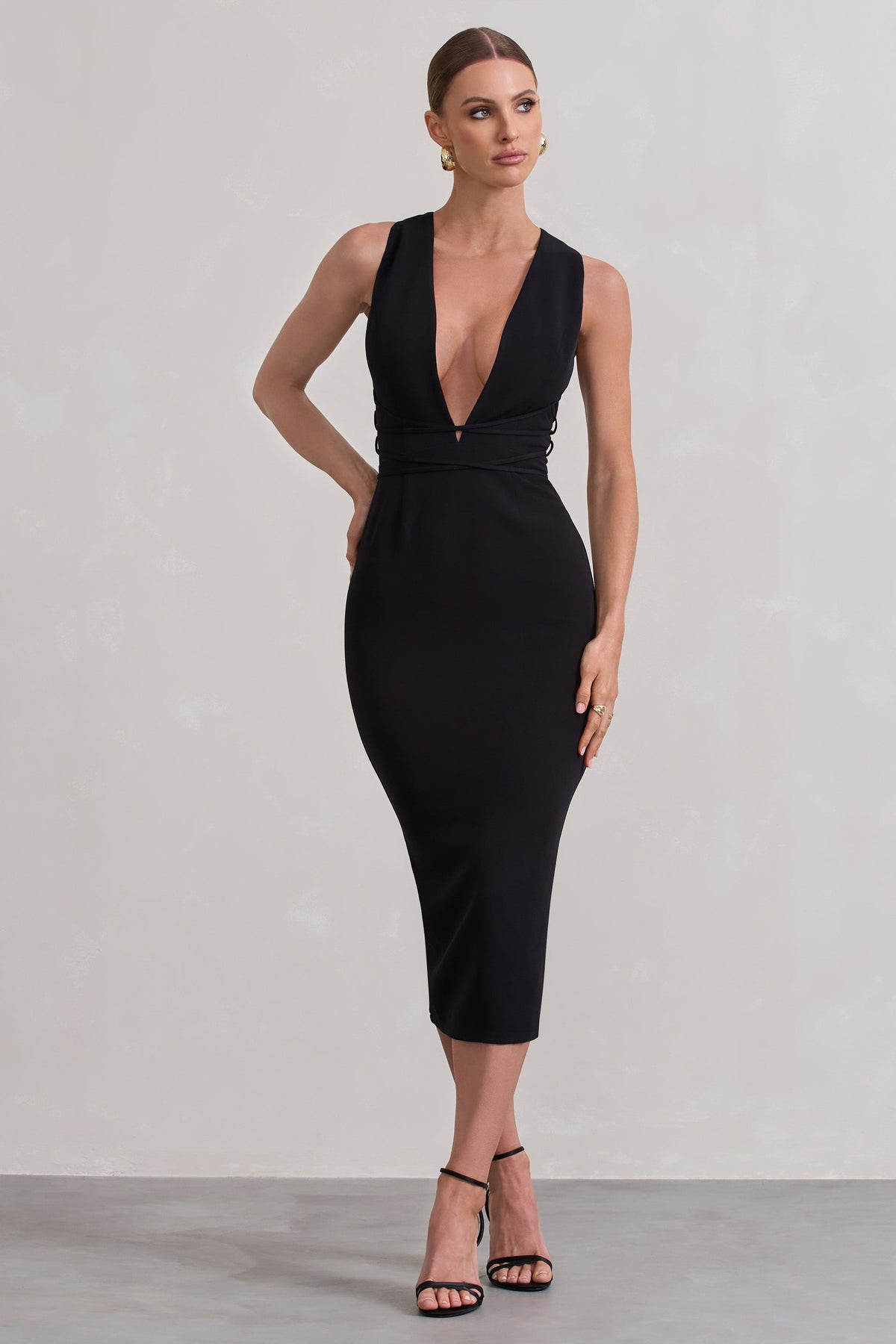 Odessa | Black Plunge Sleeveless Midi Dress With Tie Waist