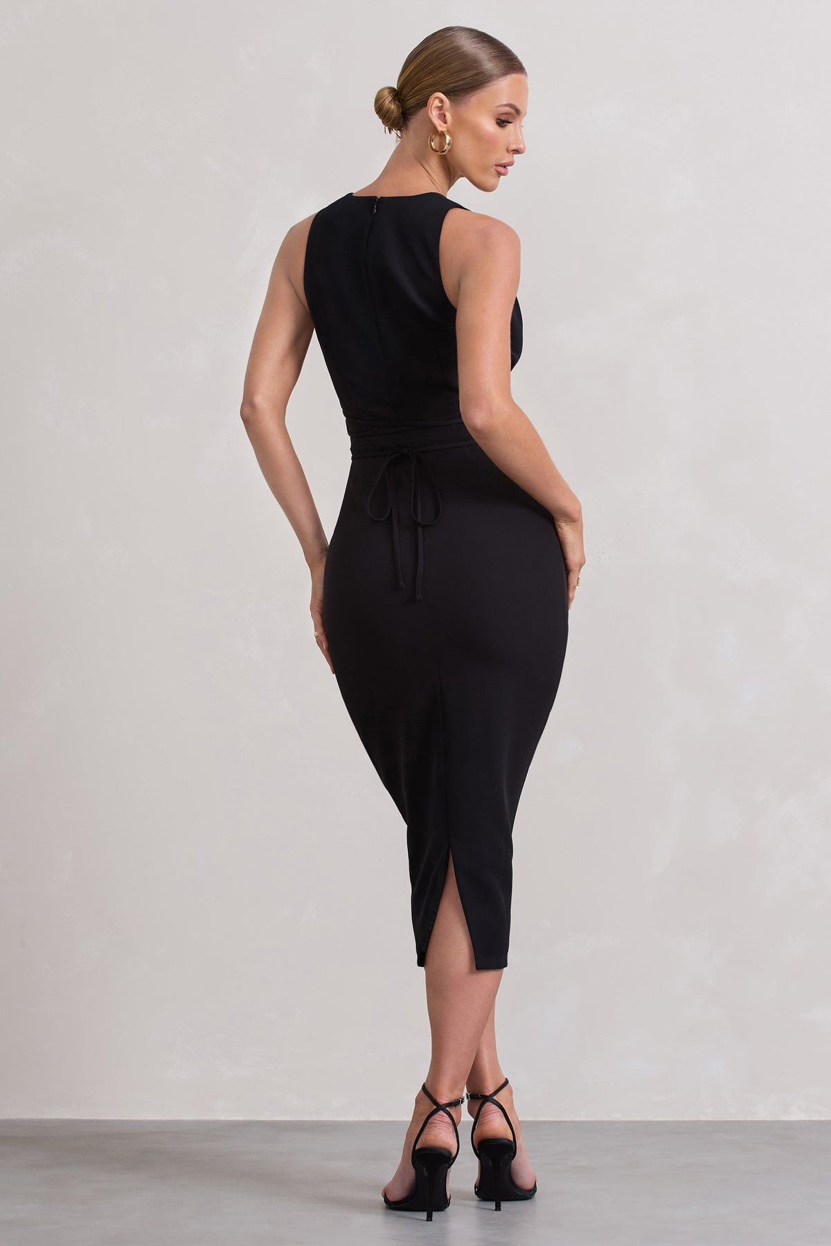 Odessa | Black Plunge Sleeveless Midi Dress With Tie Waist