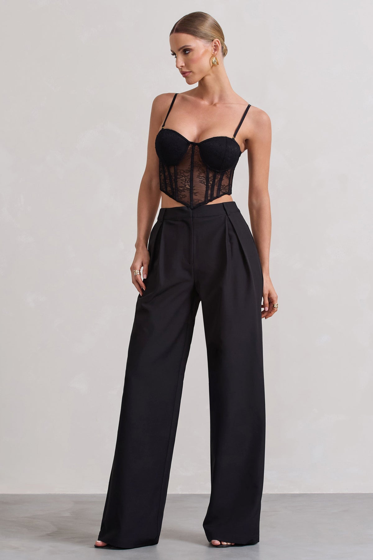 Raina | Black High Waist Pleated Wide-Leg Trousers